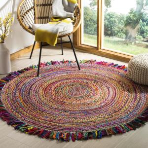 SAFAVIEH Cape Cod Collection Area Rug – 9′ Round, Ivory & Light Beige, Handmade Boho Fringe Jute & Cotton, Ideal for High Traffic Areas in Living Room, Bedroom (CAP206B)(Ivory/Red)