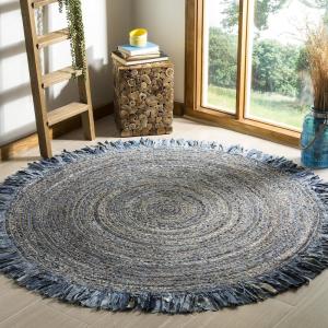 SAFAVIEH Cape Cod Collection Area Rug – 9′ Round, Ivory & Light Beige, Handmade Boho Fringe Jute & Cotton, Ideal for High Traffic Areas in Living Room, Bedroom (CAP206B)(Ivory/Denim)