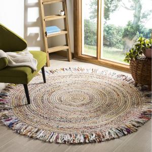 SAFAVIEH Cape Cod Collection Area Rug – 9′ Round, Ivory & Light Beige, Handmade Boho Fringe Jute & Cotton, Ideal for High Traffic Areas in Living Room, Bedroom (CAP206B)(Ivory/Light Beige)