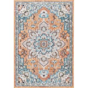 SAFAVIEH Madison Collection Area Rug – 6’7″ Square, Cream & Blue, Boho Chic Distressed Medallion Design, Non-Shedding & Easy to Clean, Ideal for Living Room, Bedroom, Dining Space (MAD473B)(Orange/Teal)