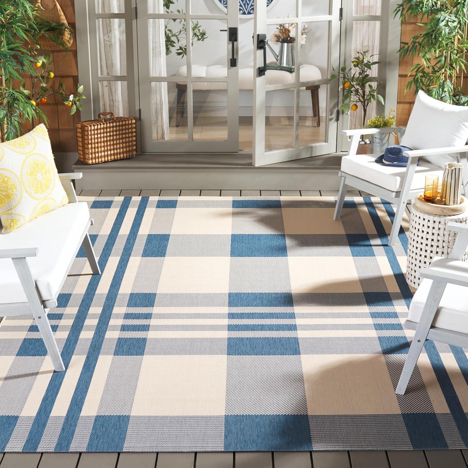 image:imageSAFAVIEH Courtyard Collection 9 x 12 GreenBeige CY6201 Plaid IndoorOutdoor Waterproof EasyCleaning Patio Backyard Mudroom AreaRugBeigeBlue