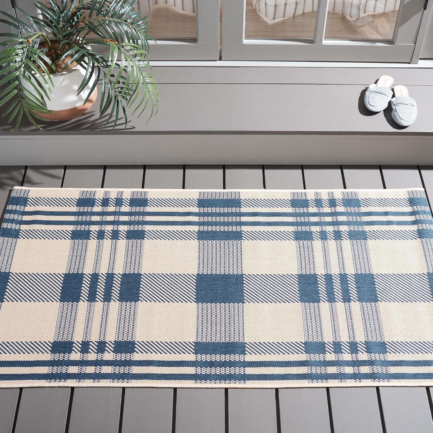 image:imageSAFAVIEH Courtyard Collection 9 x 12 GreenBeige CY6201 Plaid IndoorOutdoor Waterproof EasyCleaning Patio Backyard Mudroom AreaRugBeigeBlue