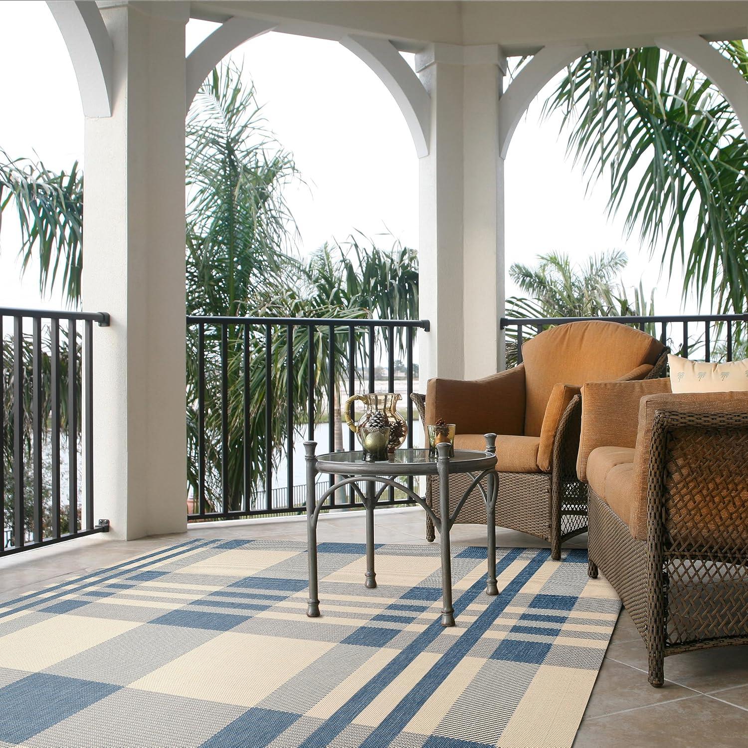 image:imageSAFAVIEH Courtyard Collection 9 x 12 GreenBeige CY6201 Plaid IndoorOutdoor Waterproof EasyCleaning Patio Backyard Mudroom AreaRugBeigeBlue