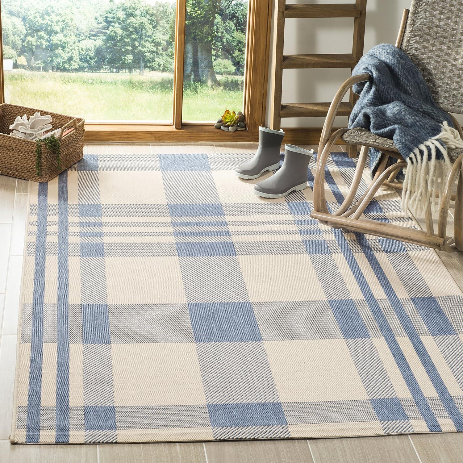 image:imageSAFAVIEH Courtyard Collection 9 x 12 GreenBeige CY6201 Plaid IndoorOutdoor Waterproof EasyCleaning Patio Backyard Mudroom AreaRugBeigeBlue