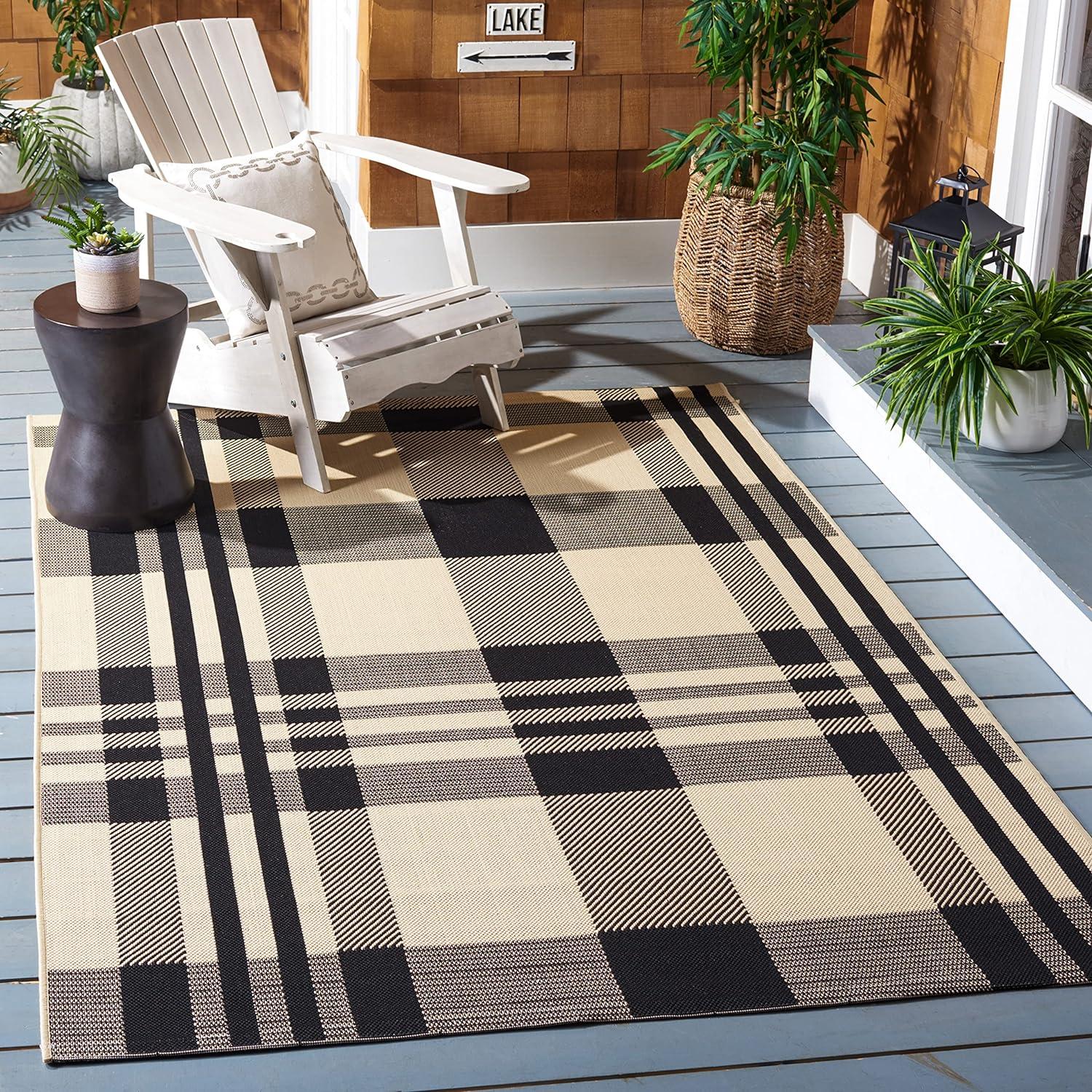 image:imageSAFAVIEH Courtyard Collection 9 x 12 GreenBeige CY6201 Plaid IndoorOutdoor Waterproof EasyCleaning Patio Backyard Mudroom AreaRugBlackBone