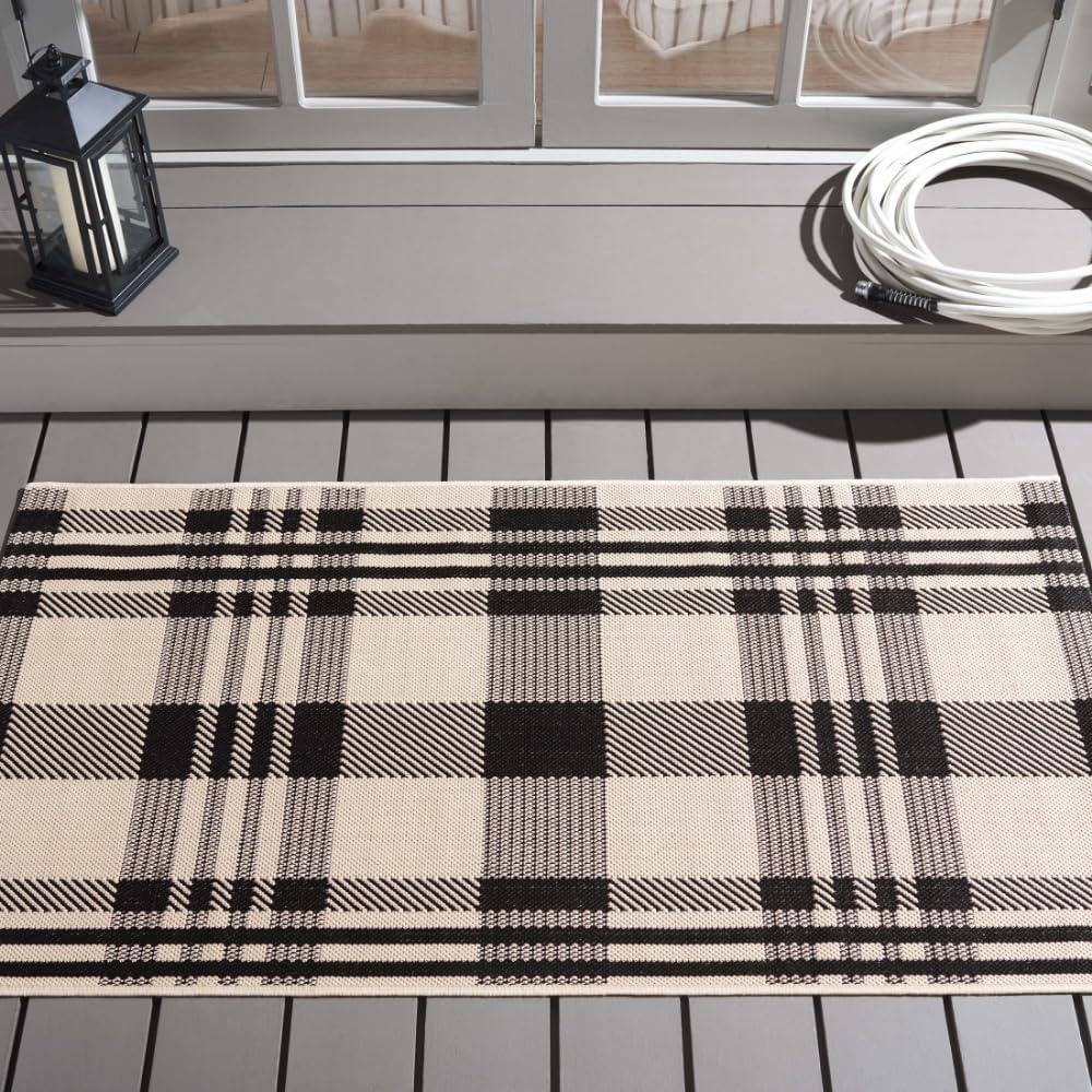 image:imageSAFAVIEH Courtyard Collection 9 x 12 GreenBeige CY6201 Plaid IndoorOutdoor Waterproof EasyCleaning Patio Backyard Mudroom AreaRugBlackBone