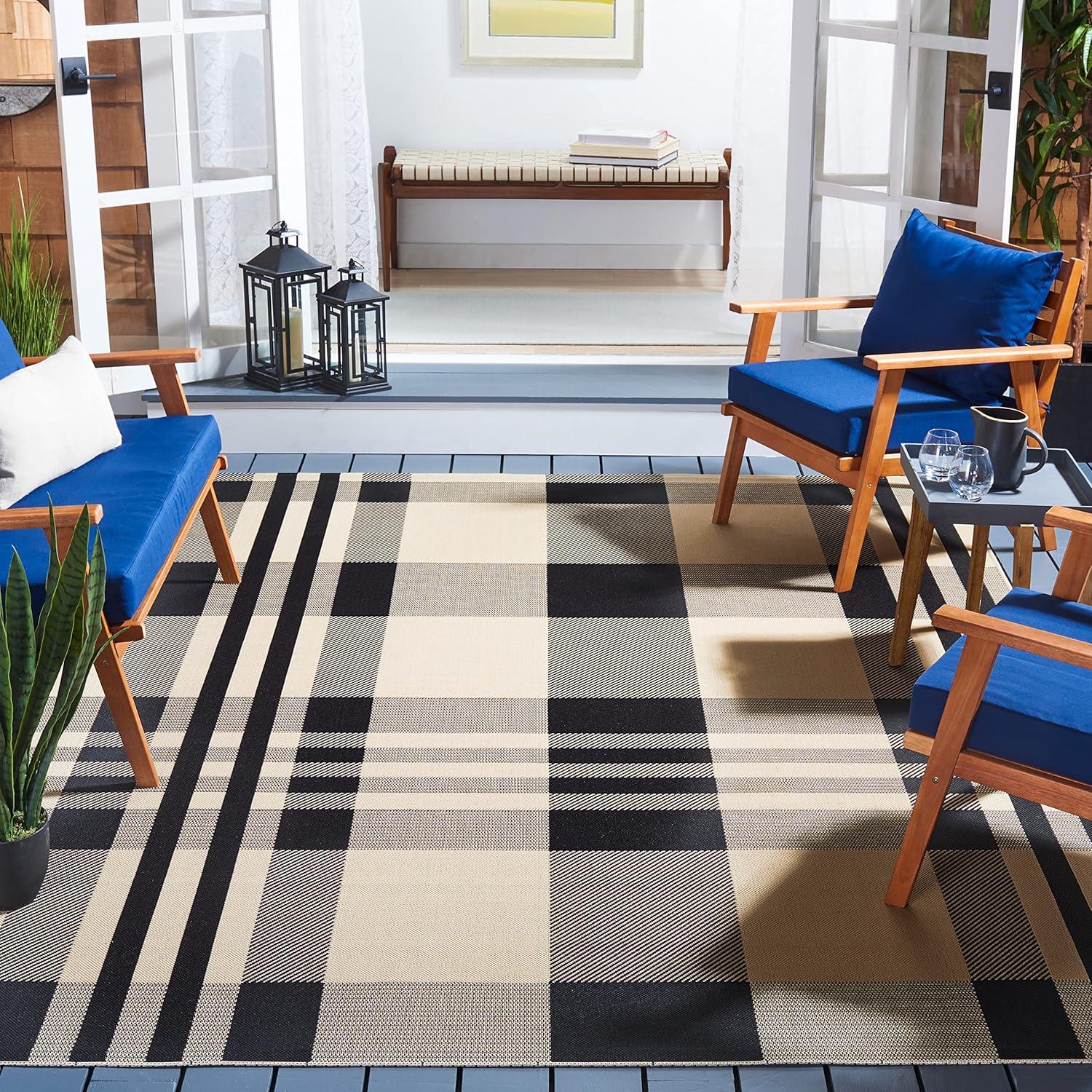 image:imageSAFAVIEH Courtyard Collection 9 x 12 GreenBeige CY6201 Plaid IndoorOutdoor Waterproof EasyCleaning Patio Backyard Mudroom AreaRugBlackBone