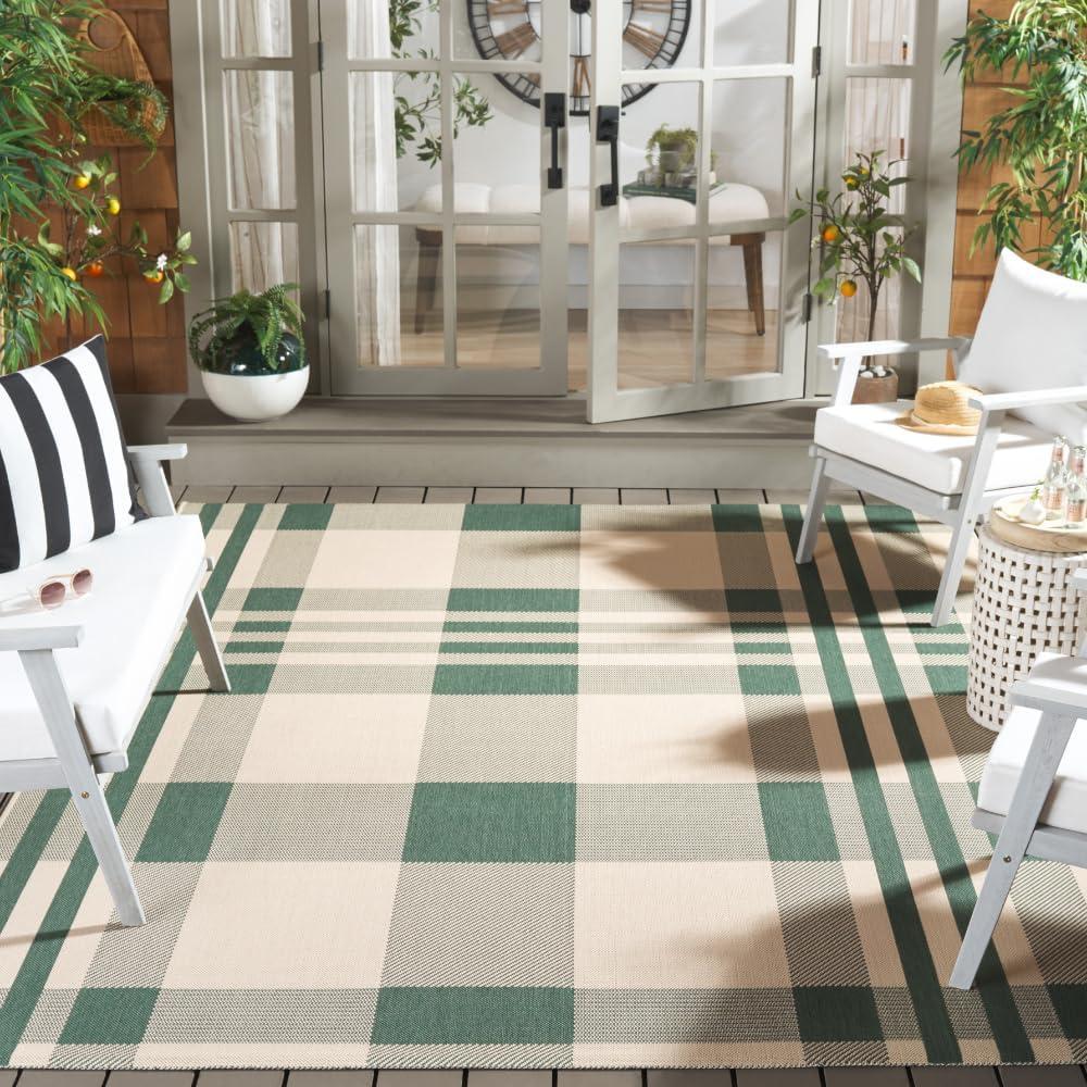 image:imageSAFAVIEH Courtyard Collection 9 x 12 GreenBeige CY6201 Plaid IndoorOutdoor Waterproof EasyCleaning Patio Backyard Mudroom AreaRugGreenBeige