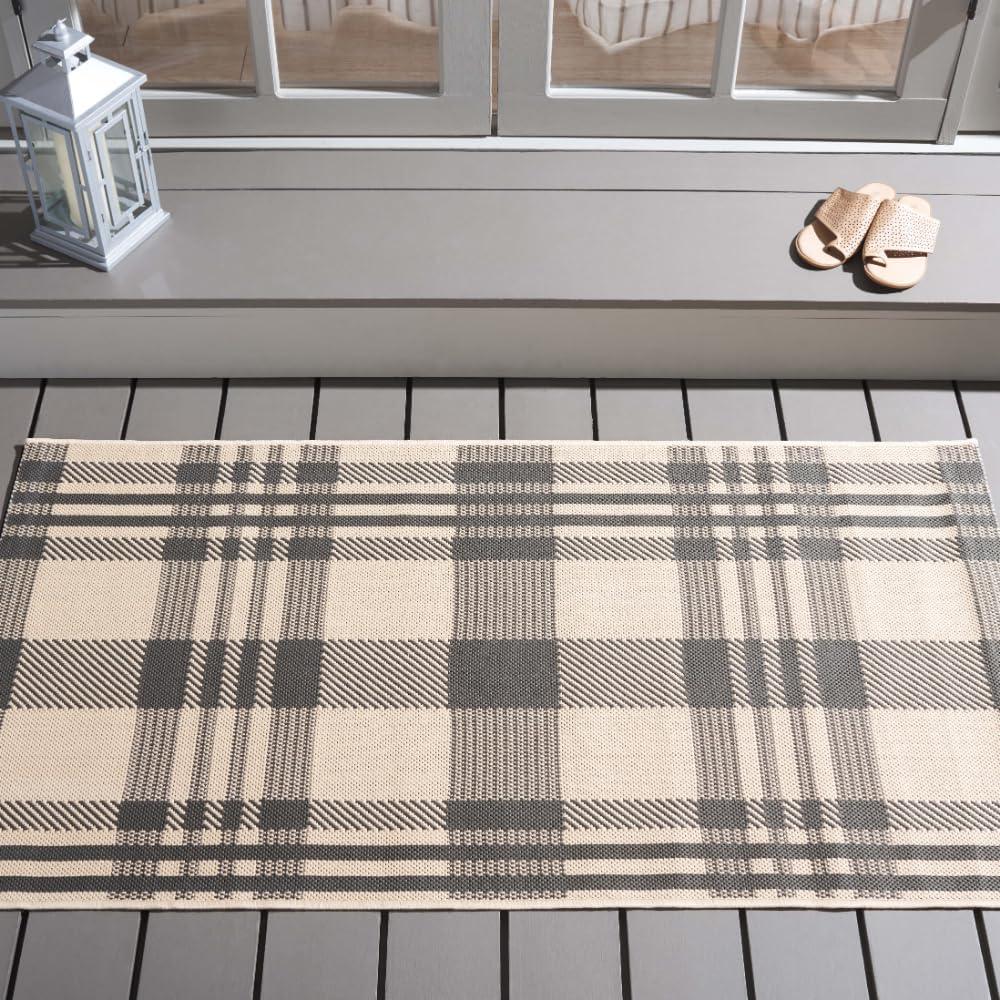 image:imageSAFAVIEH Courtyard Collection 9 x 12 GreenBeige CY6201 Plaid IndoorOutdoor Waterproof EasyCleaning Patio Backyard Mudroom AreaRugGreyBone