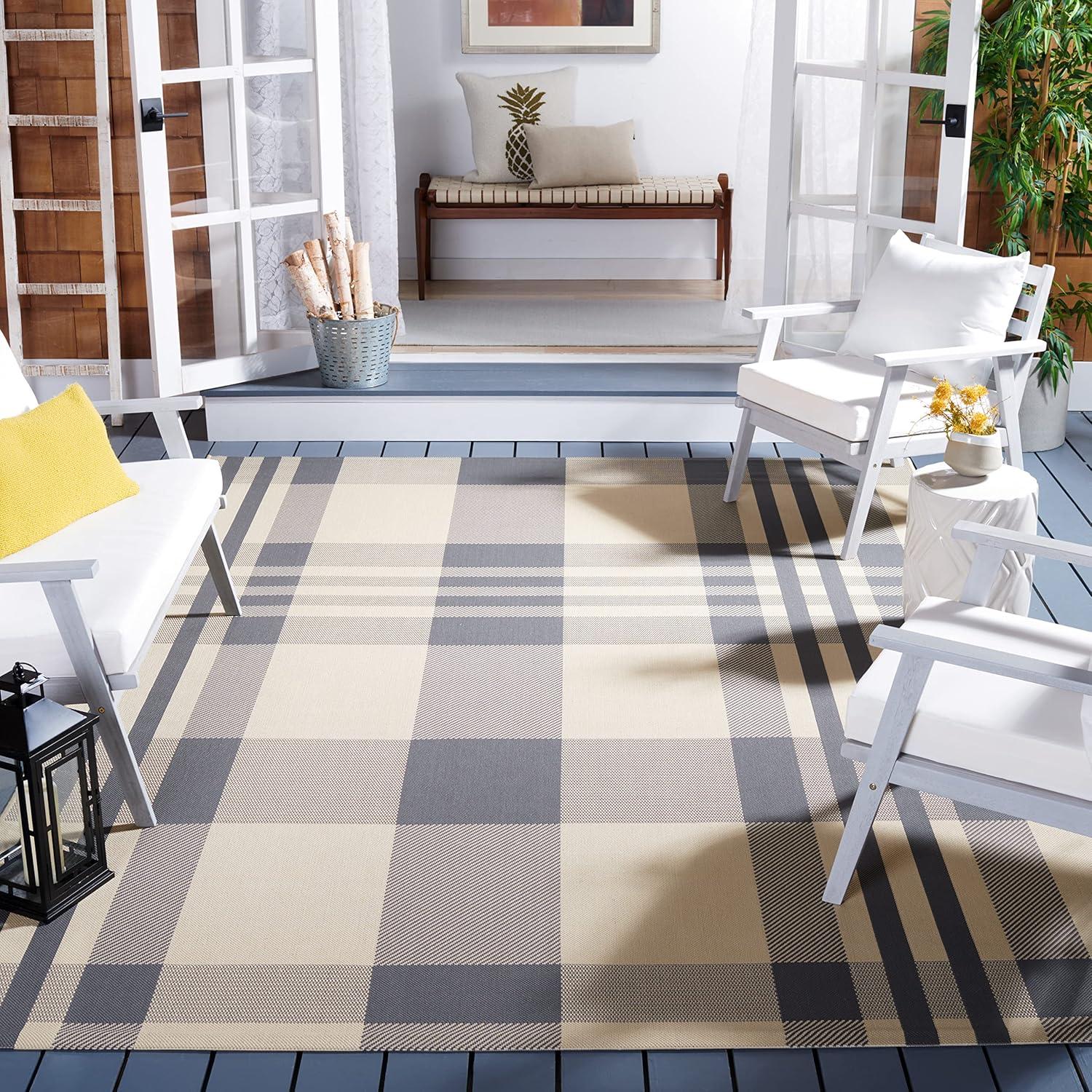 image:imageSAFAVIEH Courtyard Collection 9 x 12 GreenBeige CY6201 Plaid IndoorOutdoor Waterproof EasyCleaning Patio Backyard Mudroom AreaRugGreyBone