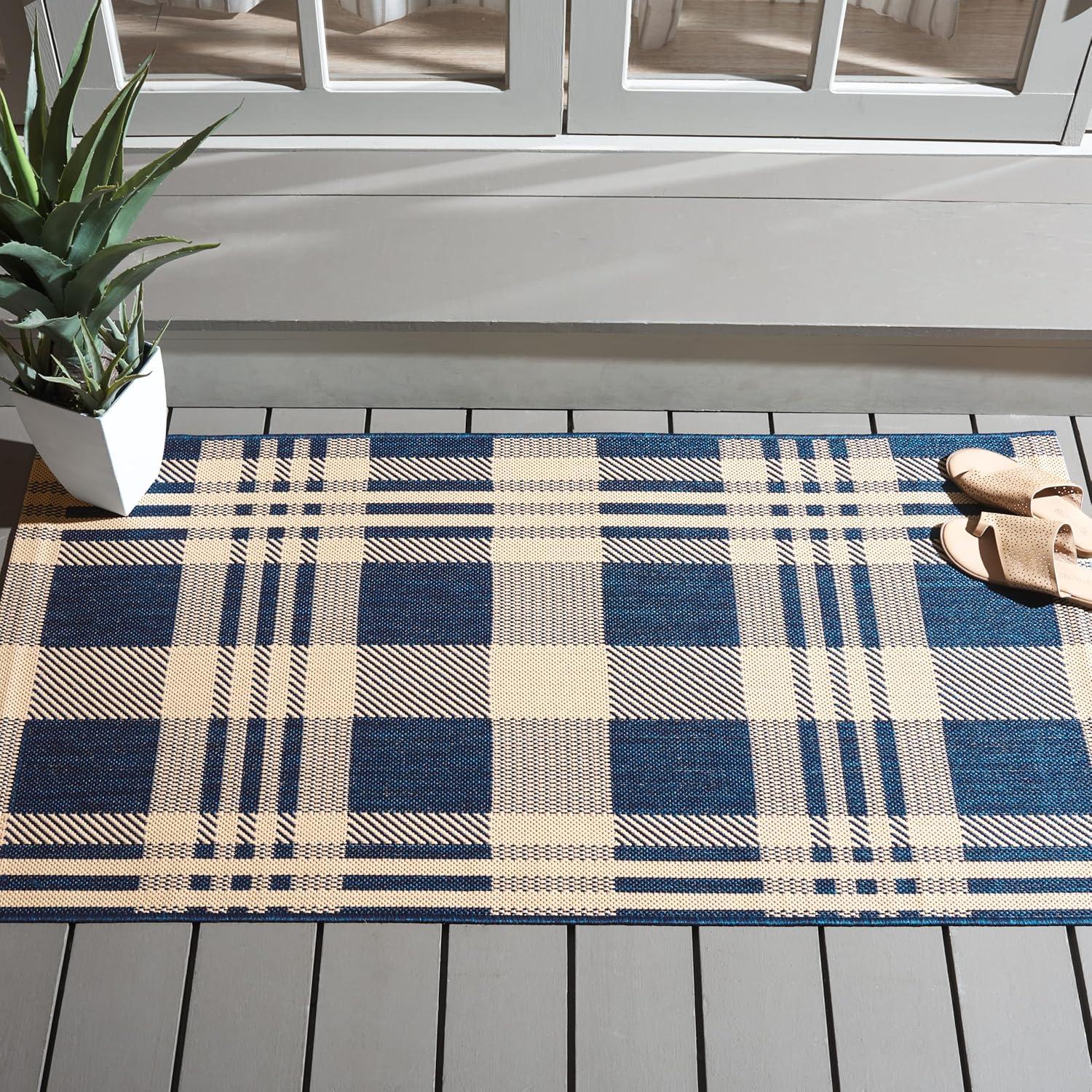 image:imageSAFAVIEH Courtyard Collection 9 x 12 GreenBeige CY6201 Plaid IndoorOutdoor Waterproof EasyCleaning Patio Backyard Mudroom AreaRugNavyBeige