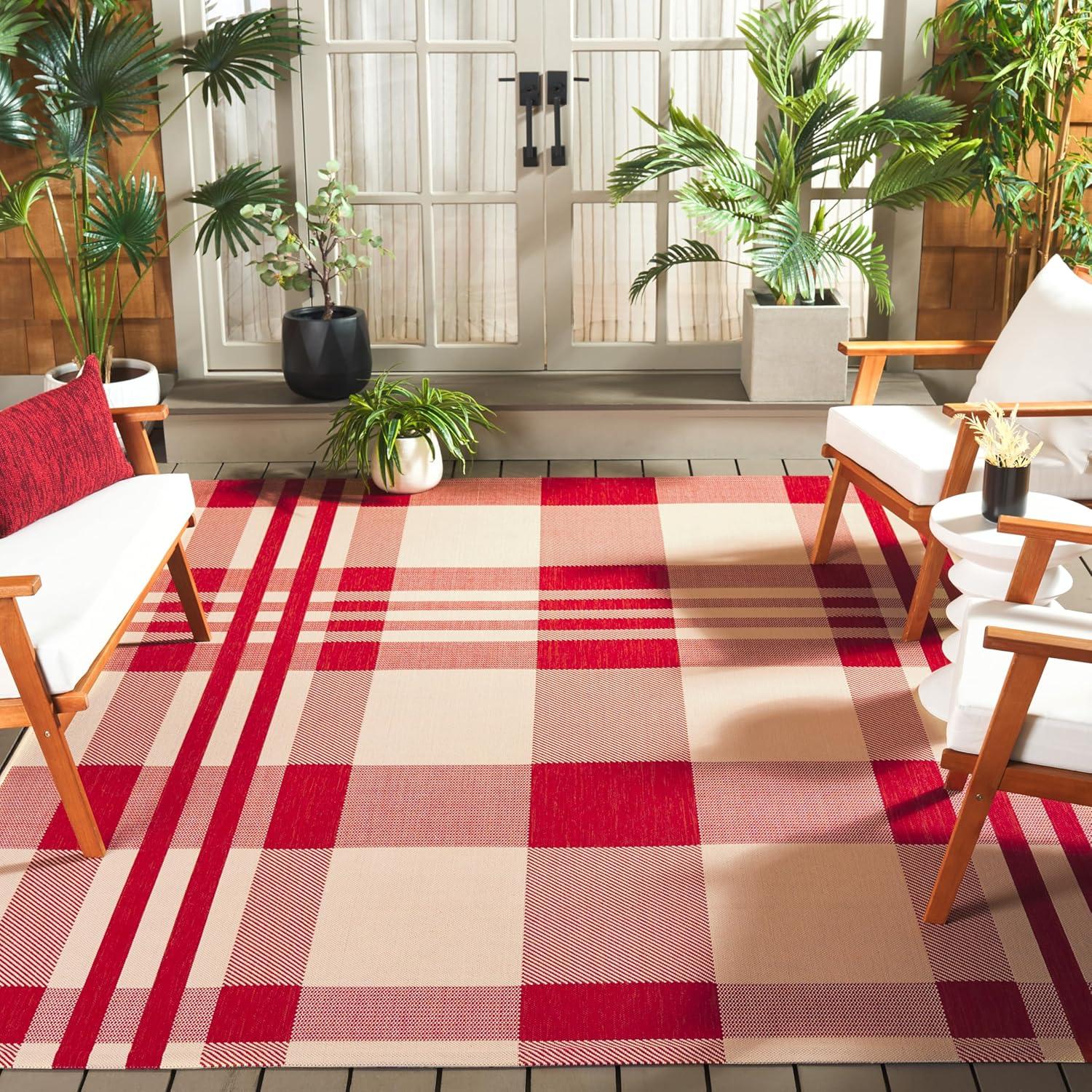 image:imageSAFAVIEH Courtyard Collection 9 x 12 GreenBeige CY6201 Plaid IndoorOutdoor Waterproof EasyCleaning Patio Backyard Mudroom AreaRugRedBone