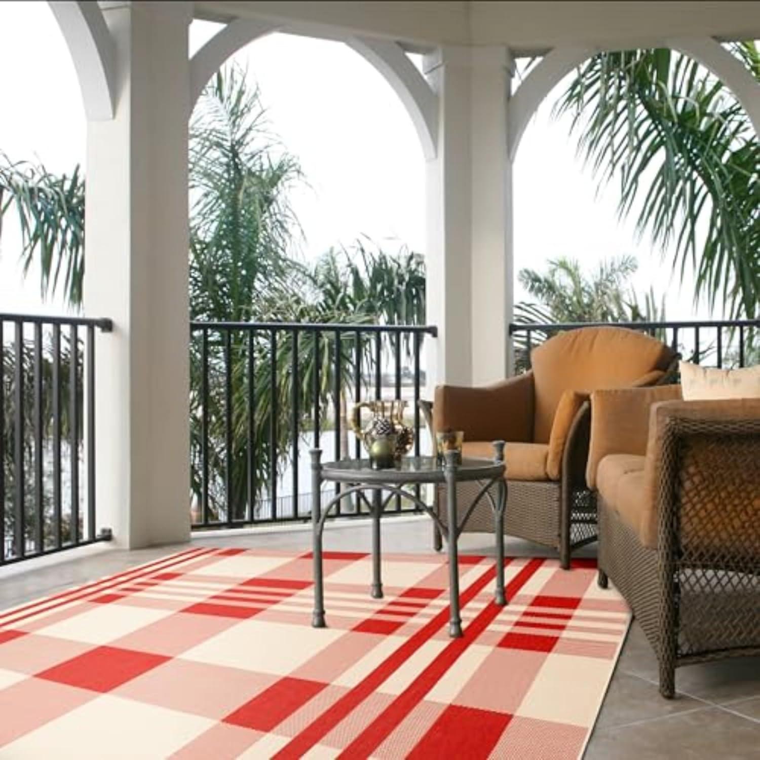 image:imageSAFAVIEH Courtyard Collection 9 x 12 GreenBeige CY6201 Plaid IndoorOutdoor Waterproof EasyCleaning Patio Backyard Mudroom AreaRugRedBone