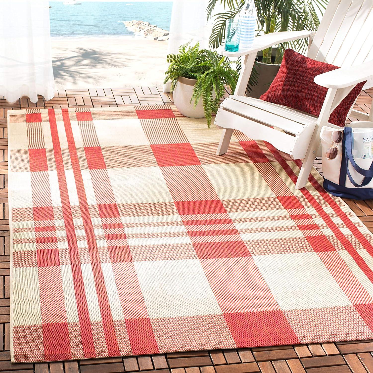 image:imageSAFAVIEH Courtyard Collection 9 x 12 GreenBeige CY6201 Plaid IndoorOutdoor Waterproof EasyCleaning Patio Backyard Mudroom AreaRugRedBone