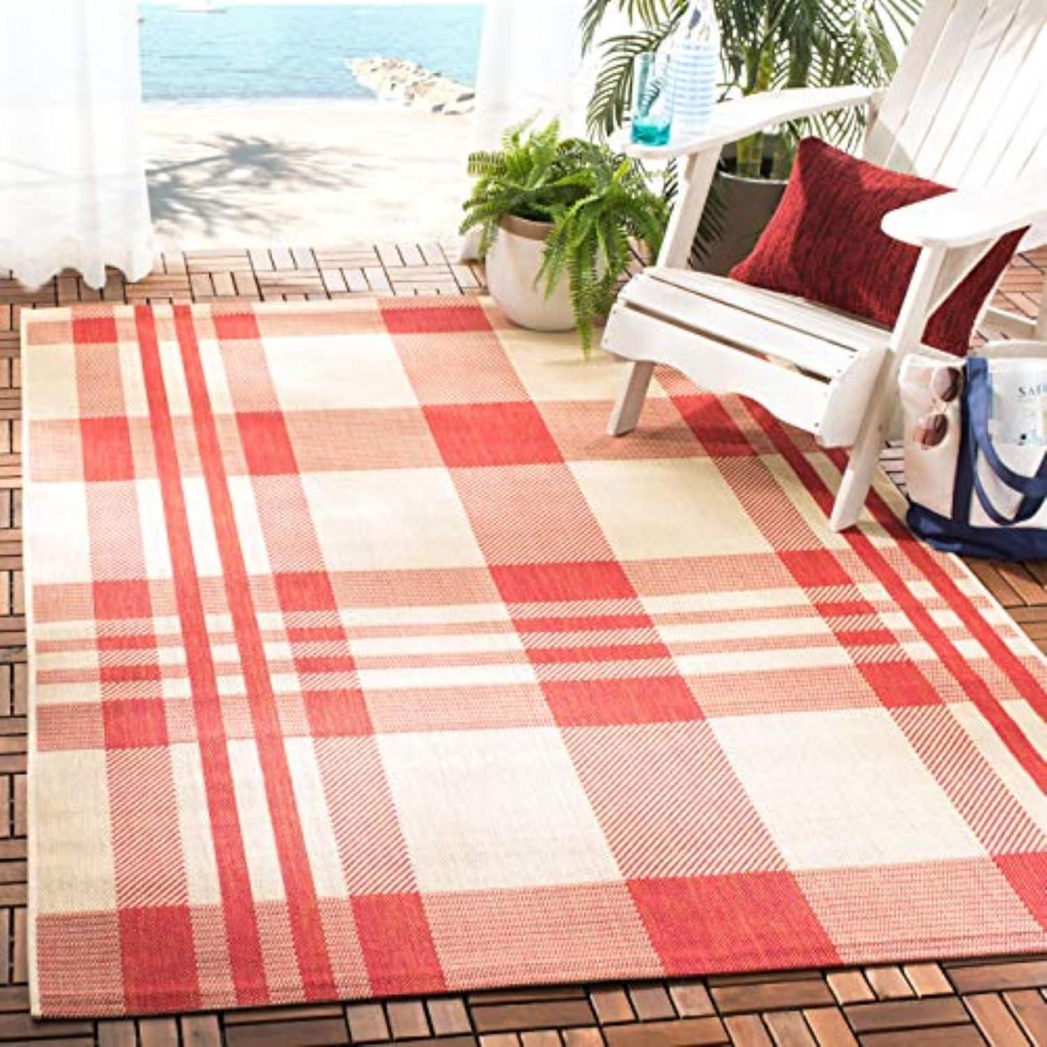 image:imageSAFAVIEH Courtyard Collection 9 x 12 GreenBeige CY6201 Plaid IndoorOutdoor Waterproof EasyCleaning Patio Backyard Mudroom AreaRugRedBone