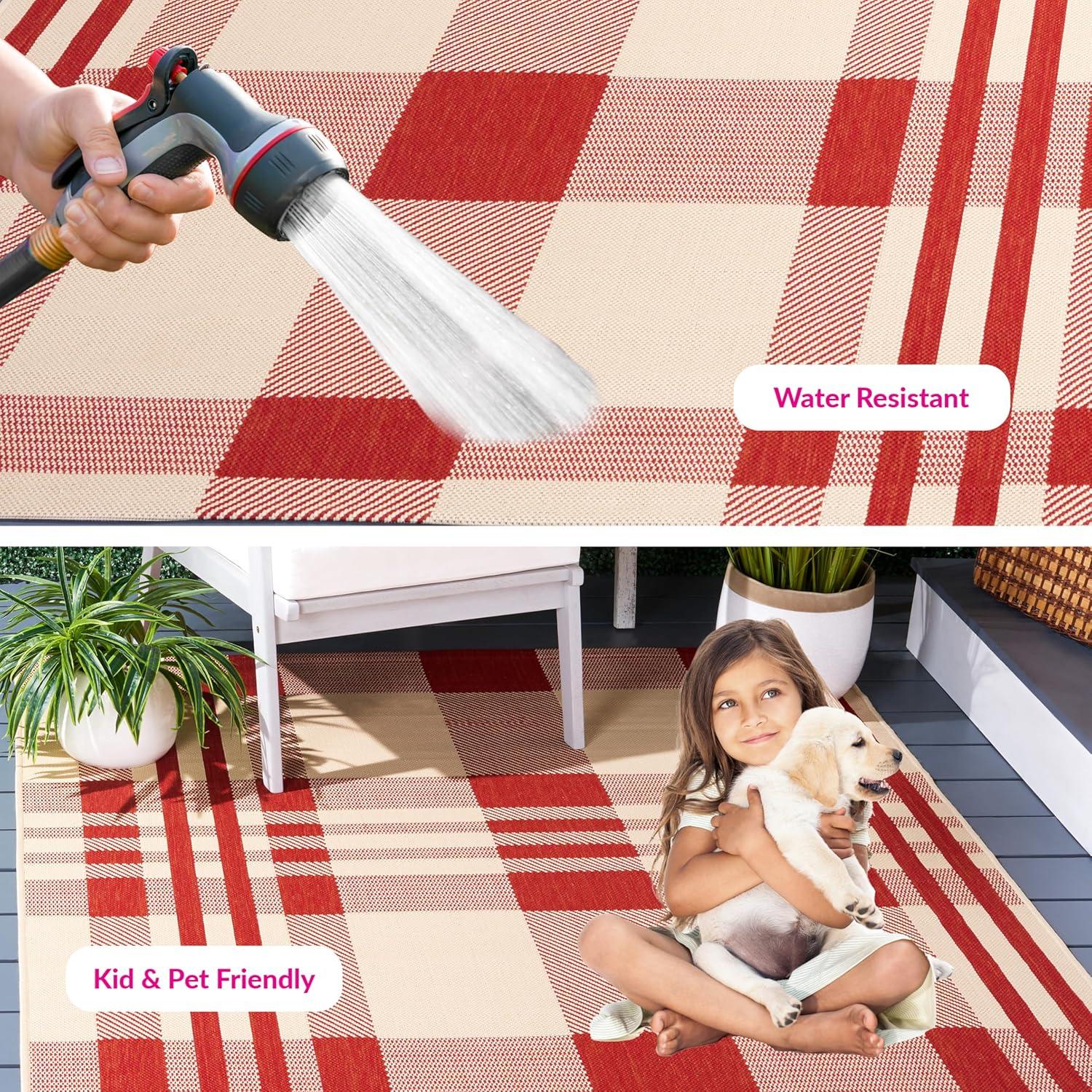 image:imageSAFAVIEH Courtyard Collection 9 x 12 GreenBeige CY6201 Plaid IndoorOutdoor Waterproof EasyCleaning Patio Backyard Mudroom AreaRugRedBone