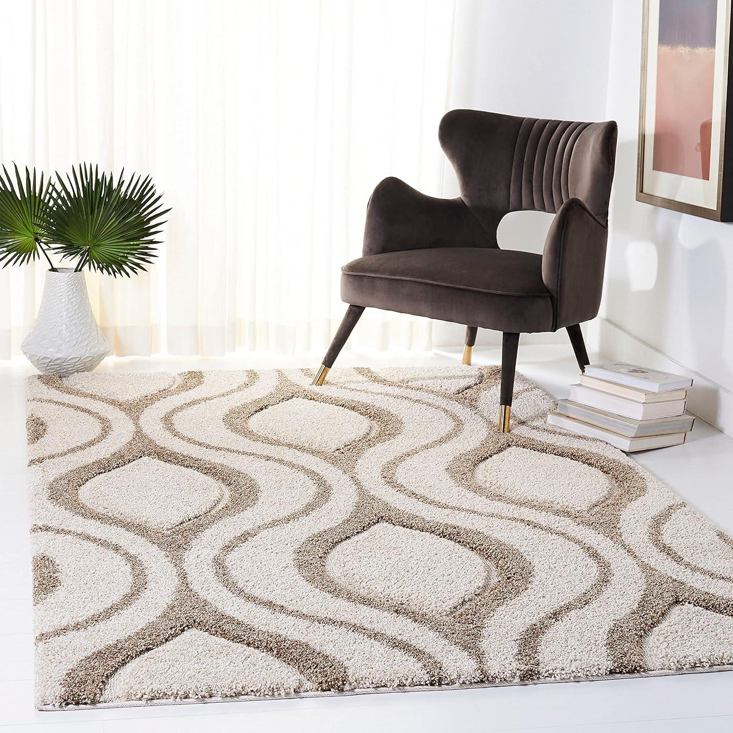 image:imageSAFAVIEH Florida Shag Collection Area Rug 86 x 12 Cream amp Smoke Modern Ogee Design NonShedding amp Easy Care 12inch Thick Ideal for High Traffic Areas in Living Room Bedroom SG4611179IvoryBeige