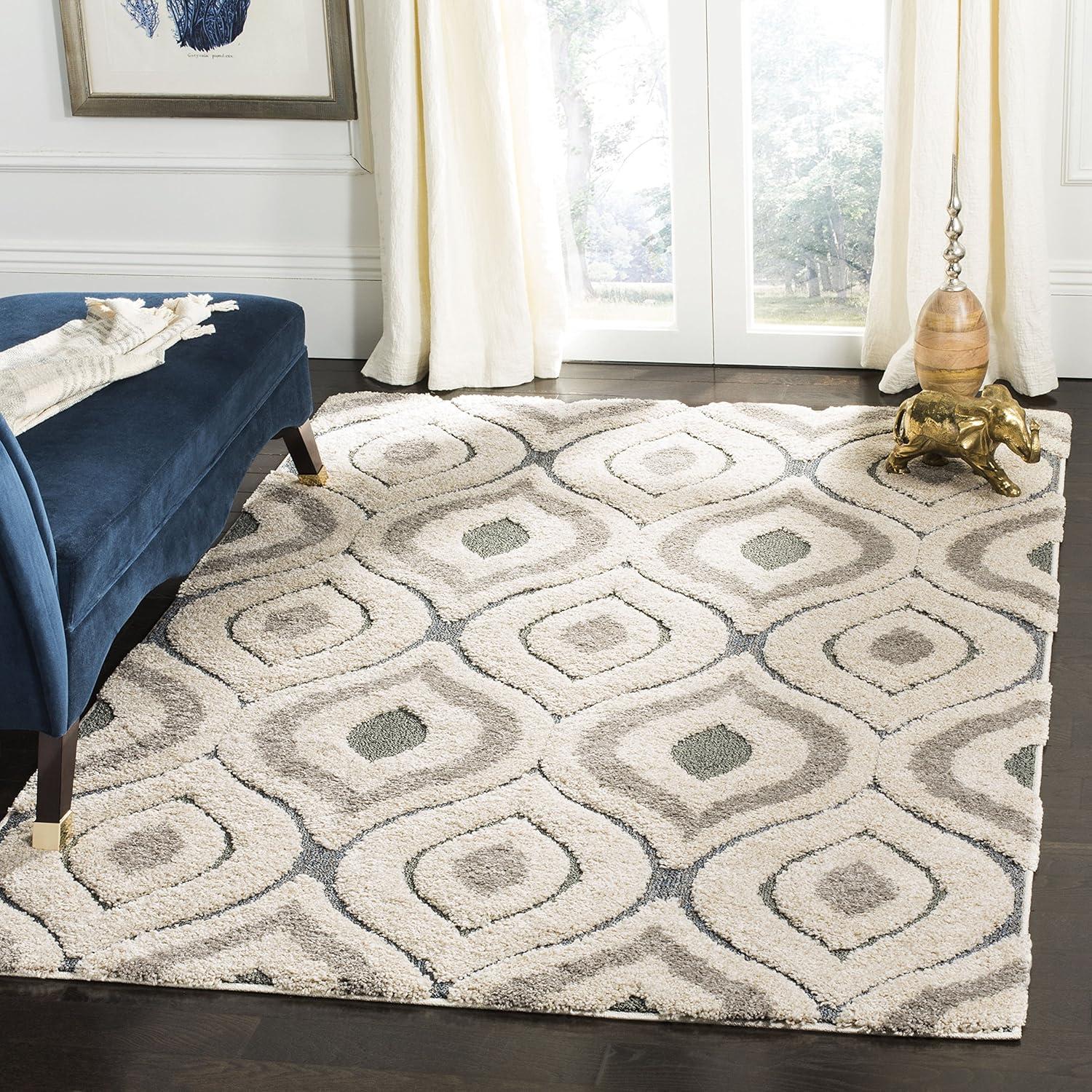 image:imageSAFAVIEH Florida Shag Collection Area Rug 86 x 12 Cream amp Smoke Modern Ogee Design NonShedding amp Easy Care 12inch Thick Ideal for High Traffic Areas in Living Room Bedroom SG4611179CreamLight Blue