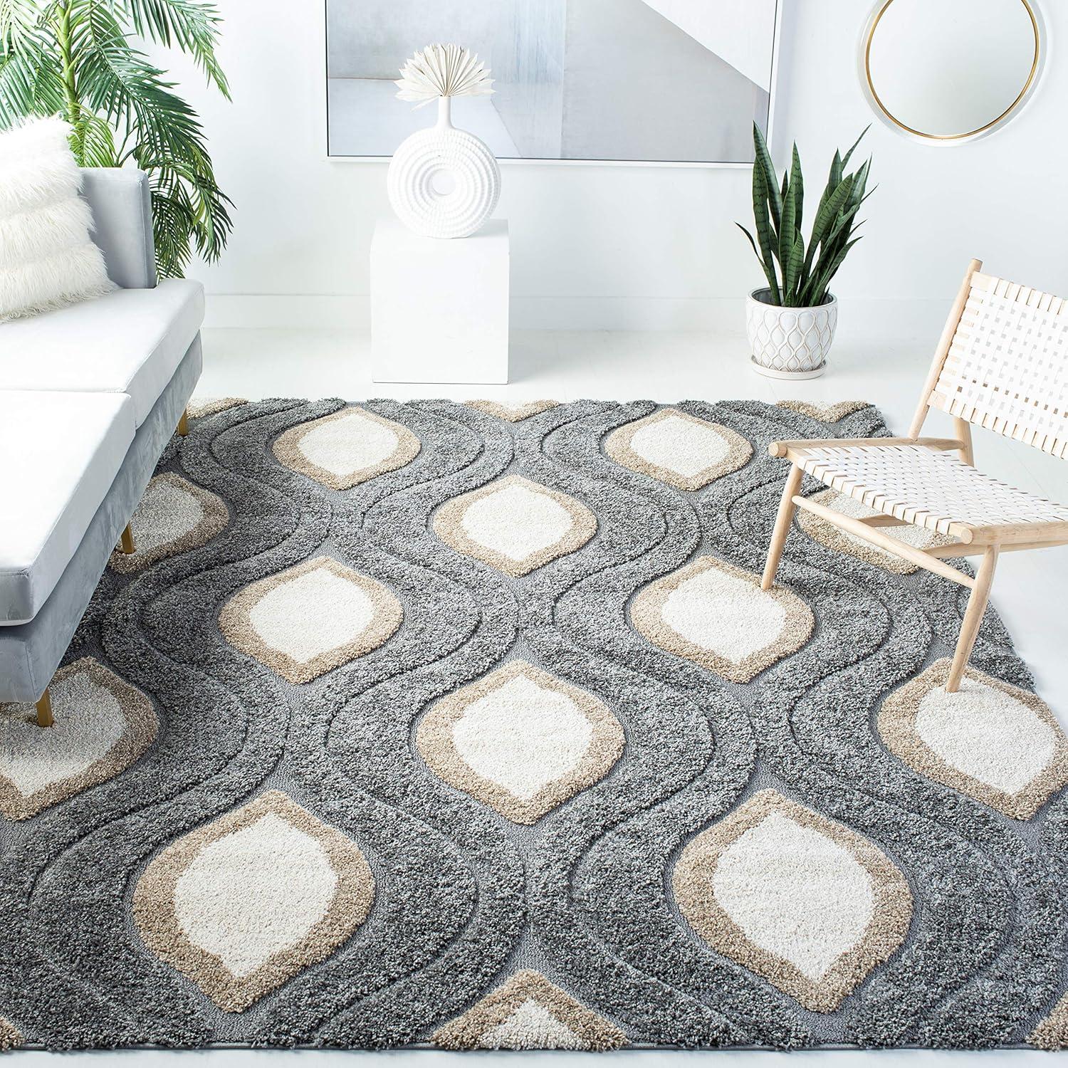 image:imageSAFAVIEH Florida Shag Collection Area Rug 86 x 12 Cream amp Smoke Modern Ogee Design NonShedding amp Easy Care 12inch Thick Ideal for High Traffic Areas in Living Room Bedroom SG4611179GreyIvory