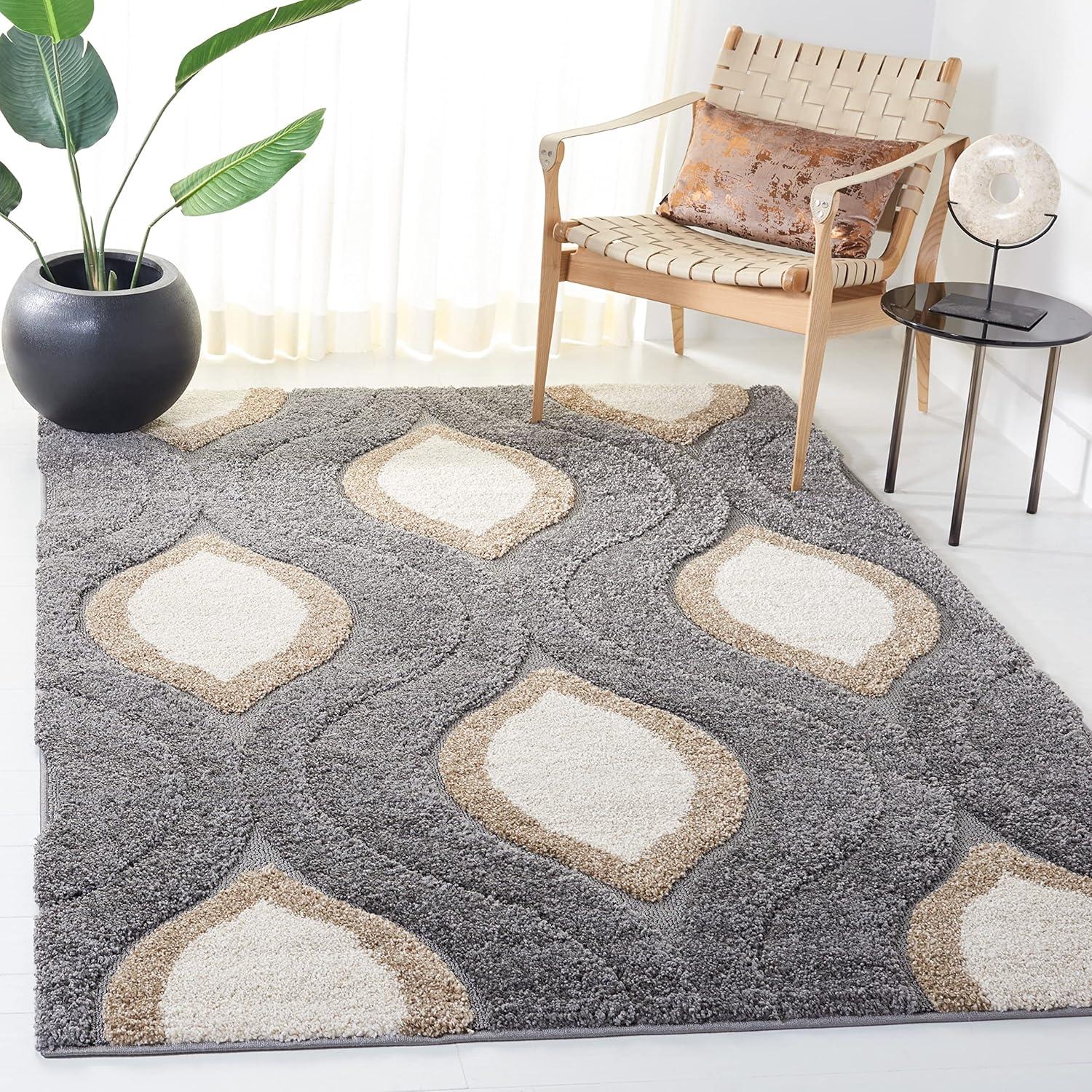 image:imageSAFAVIEH Florida Shag Collection Area Rug 86 x 12 Cream amp Smoke Modern Ogee Design NonShedding amp Easy Care 12inch Thick Ideal for High Traffic Areas in Living Room Bedroom SG4611179GreyIvory