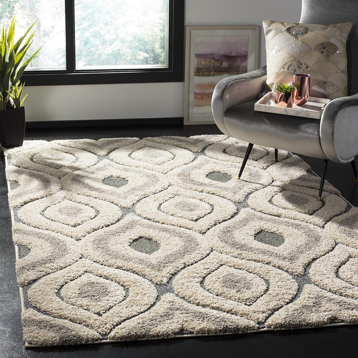 image:imageSAFAVIEH Florida Shag Collection Area Rug 86 x 12 Cream amp Smoke Modern Ogee Design NonShedding amp Easy Care 12inch Thick Ideal for High Traffic Areas in Living Room Bedroom SG4611179CreamLight Blue