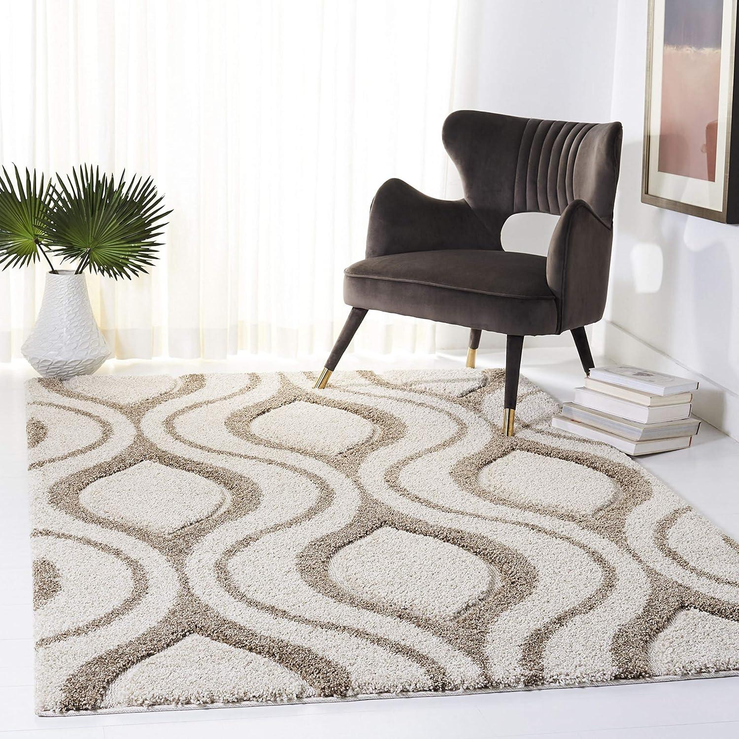 image:imageSAFAVIEH Florida Shag Collection Area Rug 86 x 12 Cream amp Smoke Modern Ogee Design NonShedding amp Easy Care 12inch Thick Ideal for High Traffic Areas in Living Room Bedroom SG4611179IvoryBeige