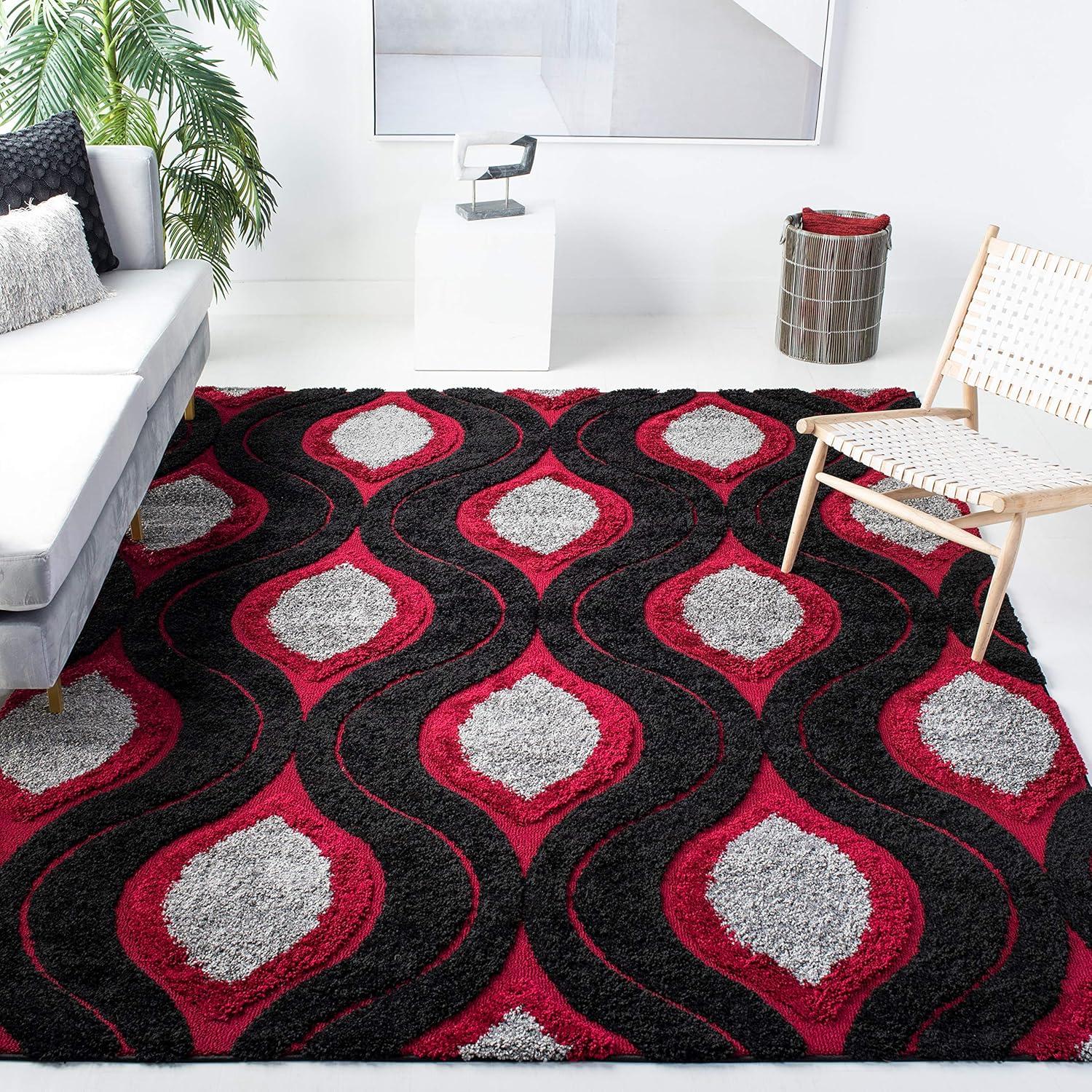 image:imageSAFAVIEH Florida Shag Collection Area Rug 86 x 12 Cream amp Smoke Modern Ogee Design NonShedding amp Easy Care 12inch Thick Ideal for High Traffic Areas in Living Room Bedroom SG4611179Red Black