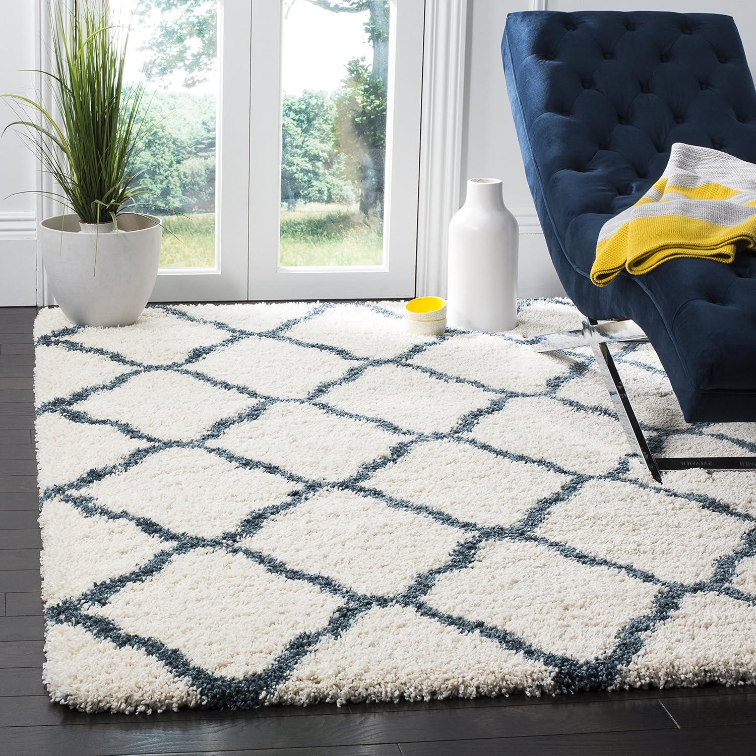 image:imageSAFAVIEH Hudson Shag Collection Area Rug 8 x 10 Slate Blue amp Ivory Moroccan Trellis Design NonShedding amp Easy Care 2inch Thick Ideal for High Traffic Areas in Living Room Bedroom SGH283LIvorySteel Blue