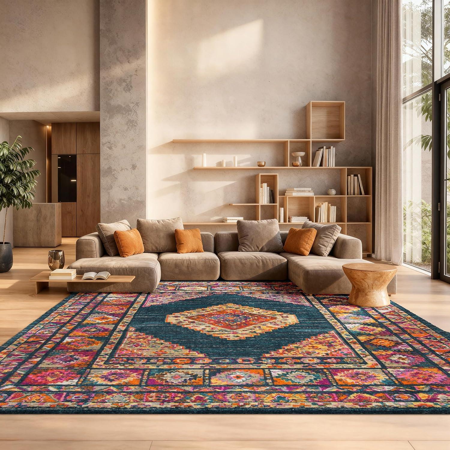 image:imageSAFAVIEH Madison Collection Area Rug 51 x 76 Light Blue amp Orange Boho Chic Medallion Design NonShedding amp Easy Care Ideal for High Traffic Areas in Living Room Bedroom MAD133ABlueFuchsia