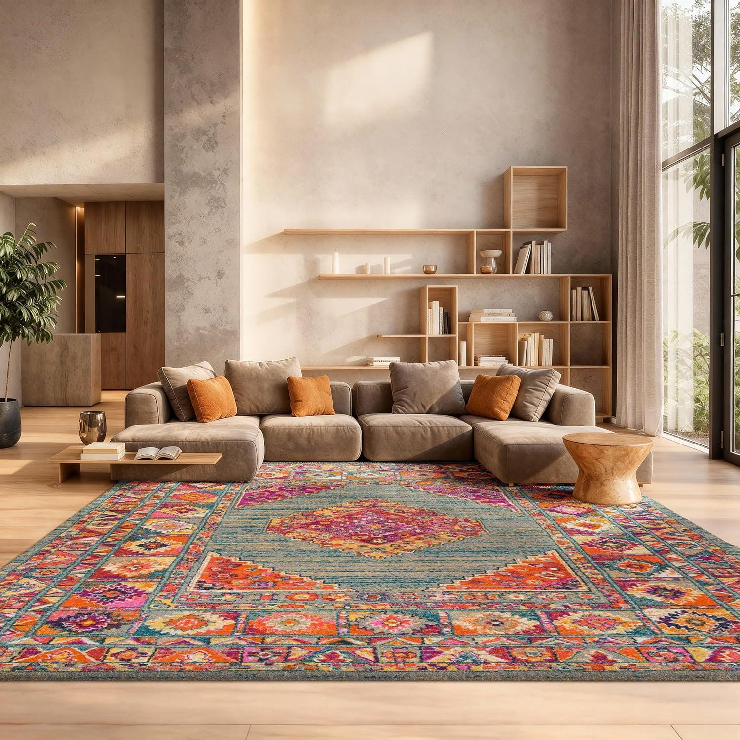image:imageSAFAVIEH Madison Collection Area Rug 51 x 76 Light Blue amp Orange Boho Chic Medallion Design NonShedding amp Easy Care Ideal for High Traffic Areas in Living Room Bedroom MAD133ALight GreyFuchsia