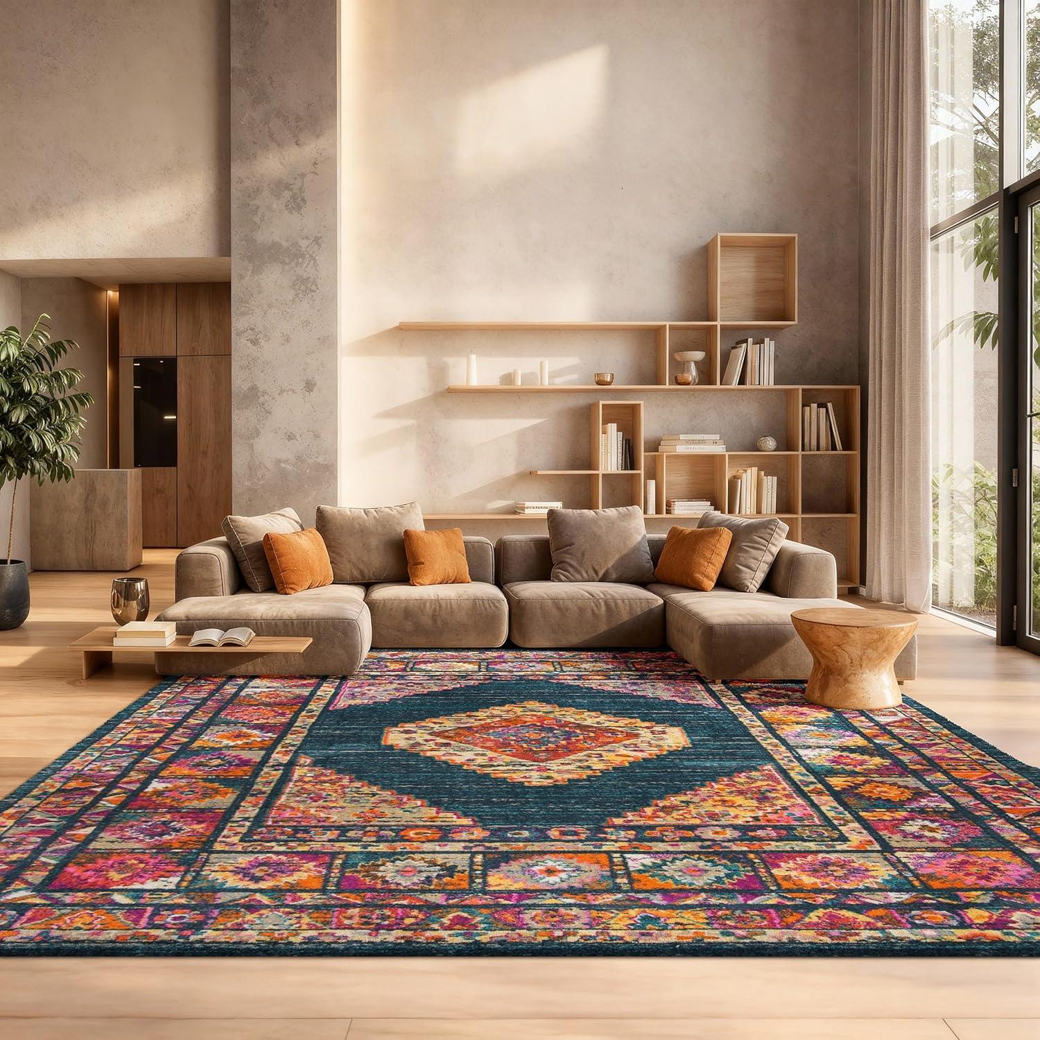 image:imageSAFAVIEH Madison Collection Area Rug 51 x 76 Light Blue amp Orange Boho Chic Medallion Design NonShedding amp Easy Care Ideal for High Traffic Areas in Living Room Bedroom MAD133ABlueFuchsia