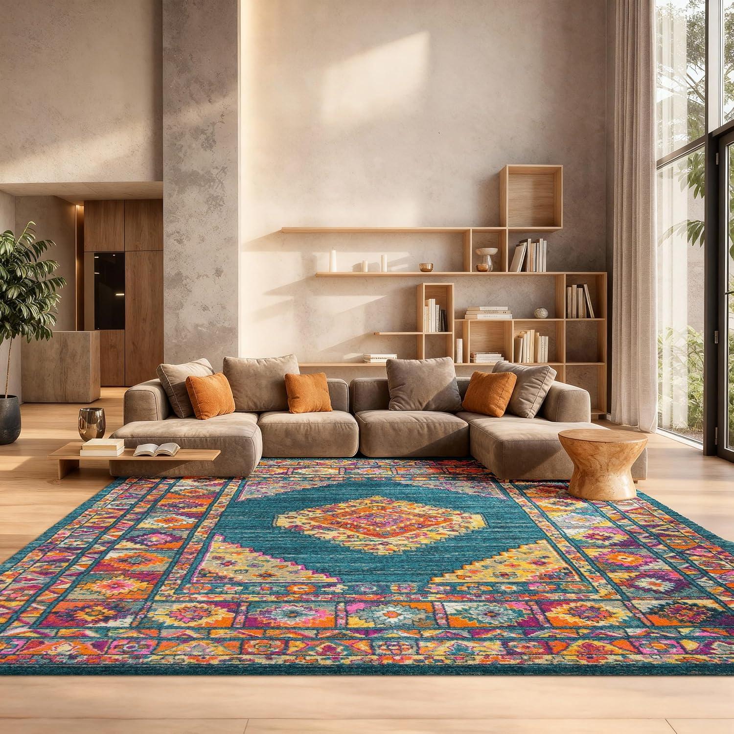 image:imageSAFAVIEH Madison Collection Area Rug 51 x 76 Light Blue amp Orange Boho Chic Medallion Design NonShedding amp Easy Care Ideal for High Traffic Areas in Living Room Bedroom MAD133ALight BlueOrange