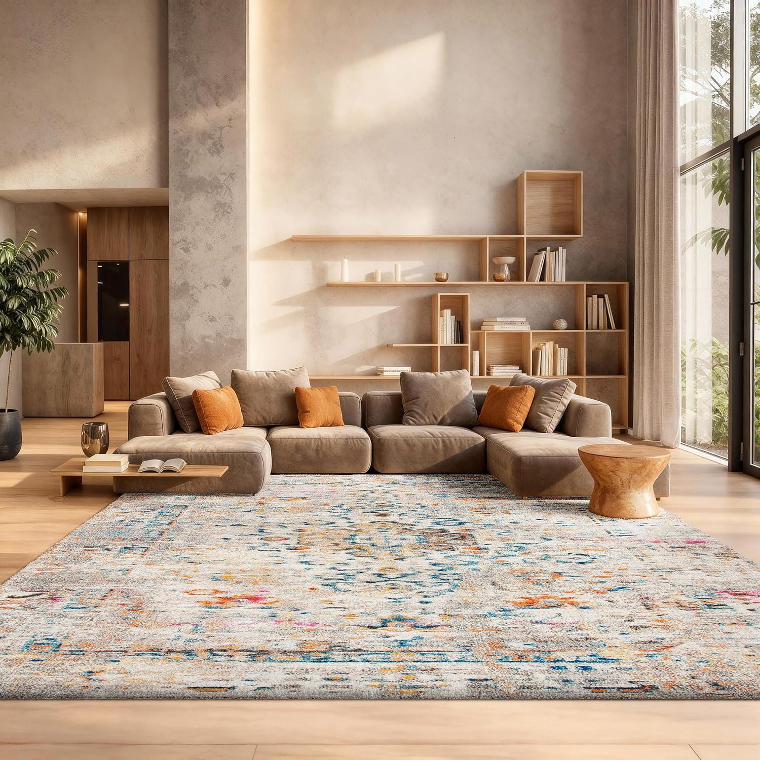 image:imageSAFAVIEH Madison Collection Area Rug 53 x 76 Cream amp Blue Boho Distressed Medallion Design NonShedding amp Easy Care Ideal for High Traffic Areas in Living Room Bedroom MAD474BGreyGold