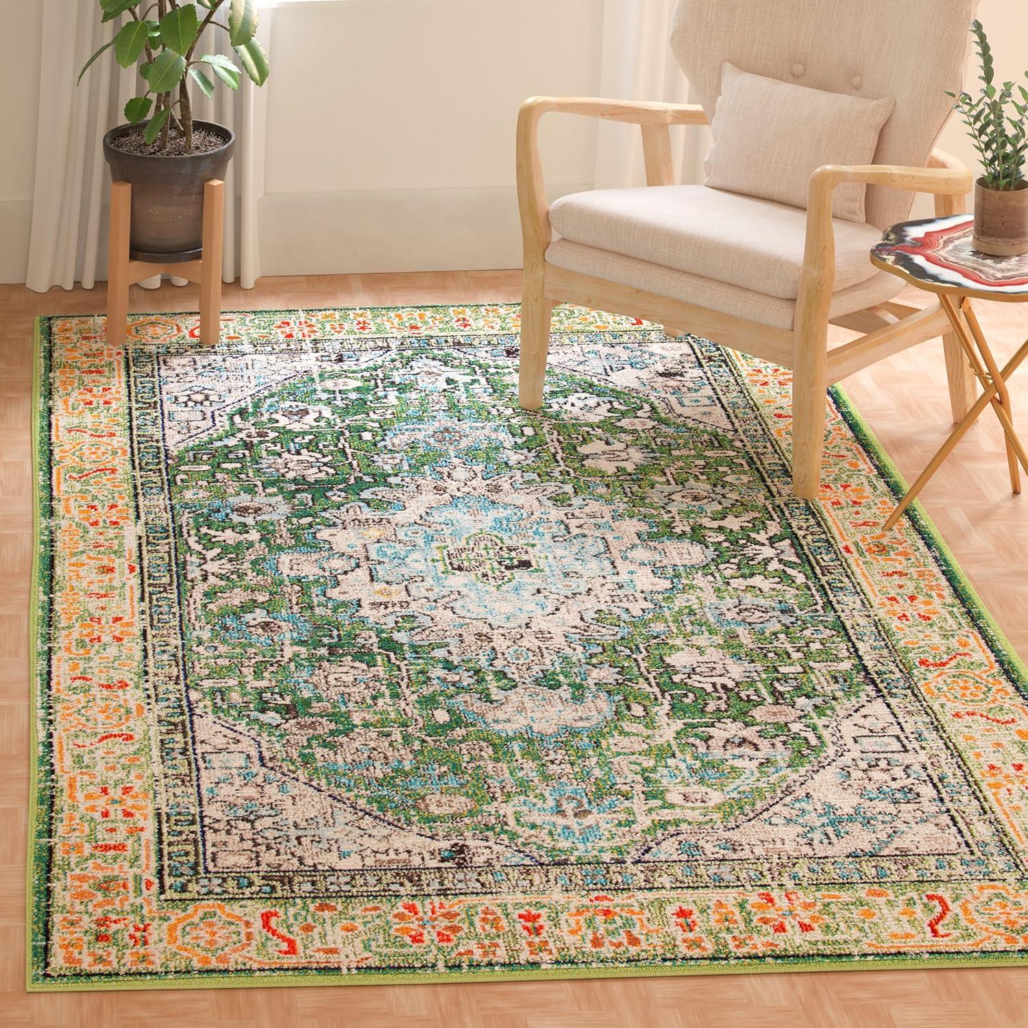image:imageSAFAVIEH Madison Collection Area Rug 53 x 76 Cream amp Blue Boho Distressed Medallion Design NonShedding amp Easy Care Ideal for High Traffic Areas in Living Room Bedroom MAD474BGreenTurquoise