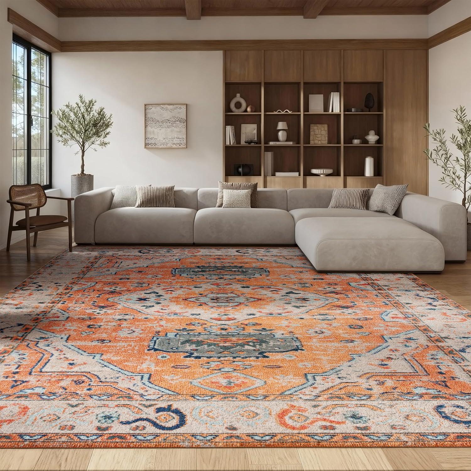 image:imageSAFAVIEH Madison Collection Area Rug 53 x 76 Orange amp Ivory Boho Chic Medallion Distressed Design NonShedding amp Easy Care Ideal for High Traffic Areas in Living Room Bedroom MAD468POrangeIvory