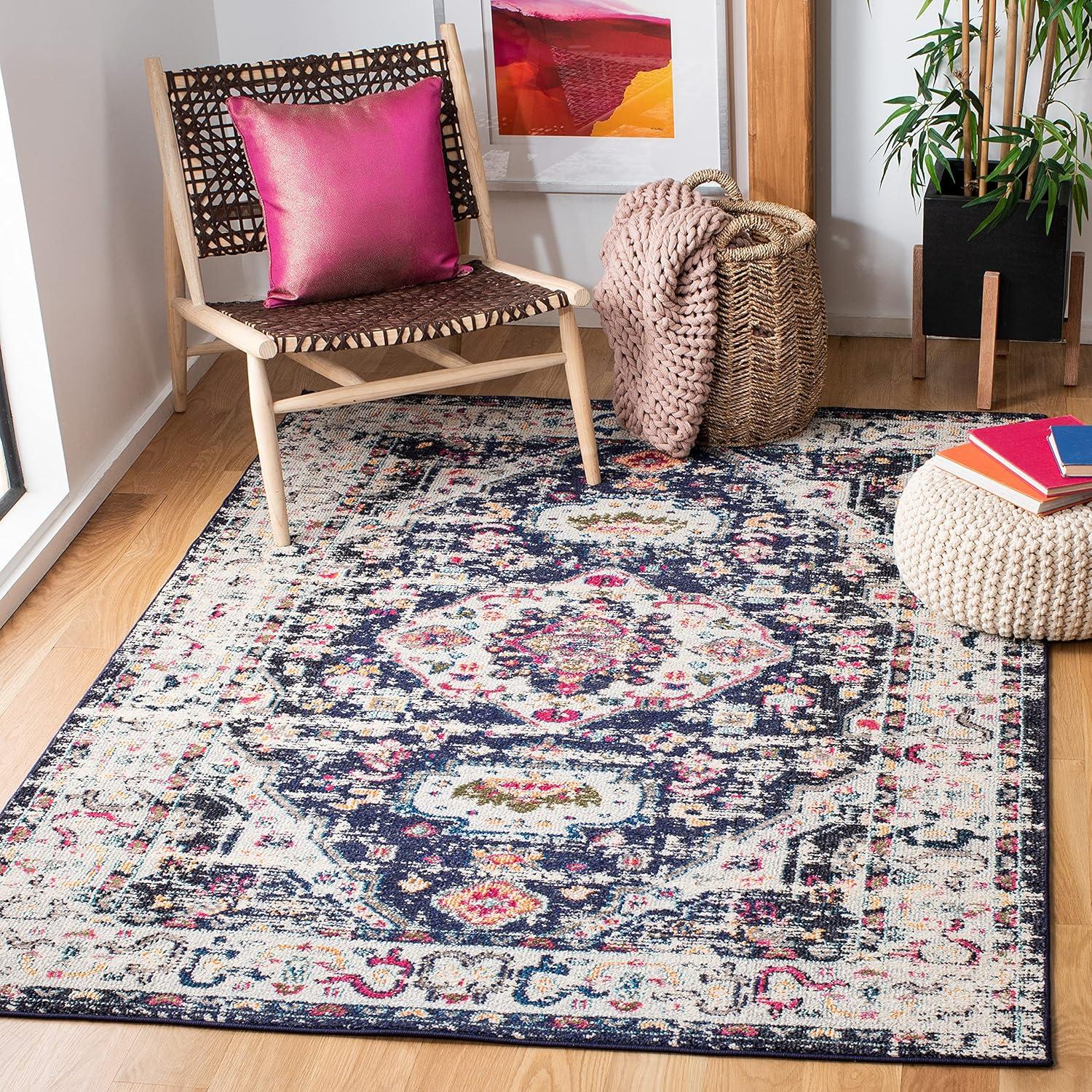 image:imageSAFAVIEH Madison Collection Area Rug 53 x 76 Orange amp Ivory Boho Chic Medallion Distressed Design NonShedding amp Easy Care Ideal for High Traffic Areas in Living Room Bedroom MAD468PNavyIvory