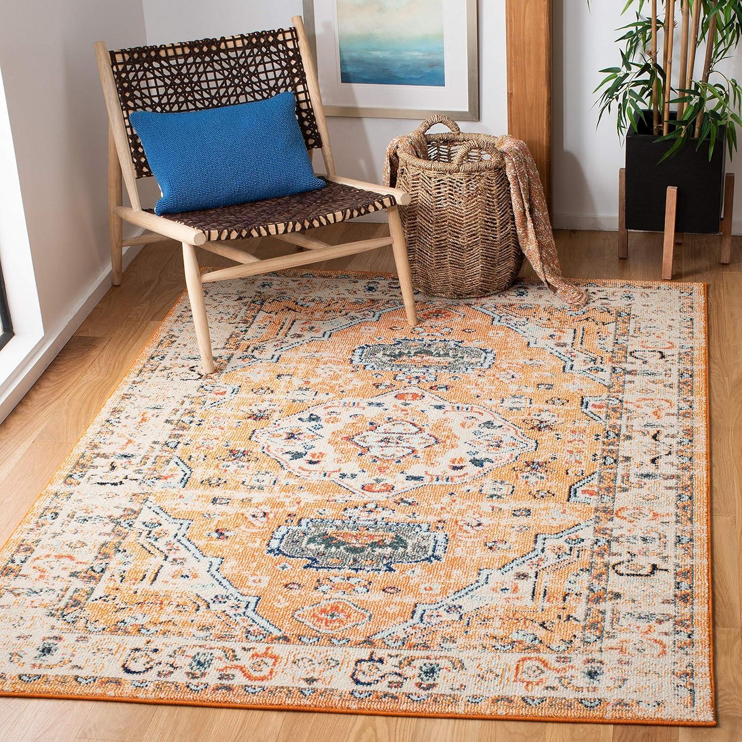image:imageSAFAVIEH Madison Collection Area Rug 53 x 76 Orange amp Ivory Boho Chic Medallion Distressed Design NonShedding amp Easy Care Ideal for High Traffic Areas in Living Room Bedroom MAD468POrangeIvory
