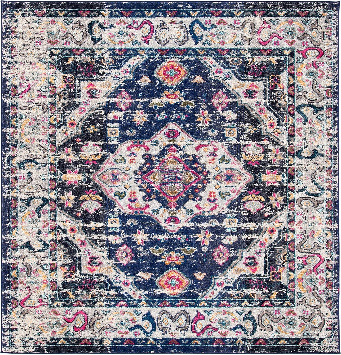 image:imageSAFAVIEH Madison Collection Area Rug 53 x 76 Orange amp Ivory Boho Chic Medallion Distressed Design NonShedding amp Easy Care Ideal for High Traffic Areas in Living Room Bedroom MAD468PNavyIvory