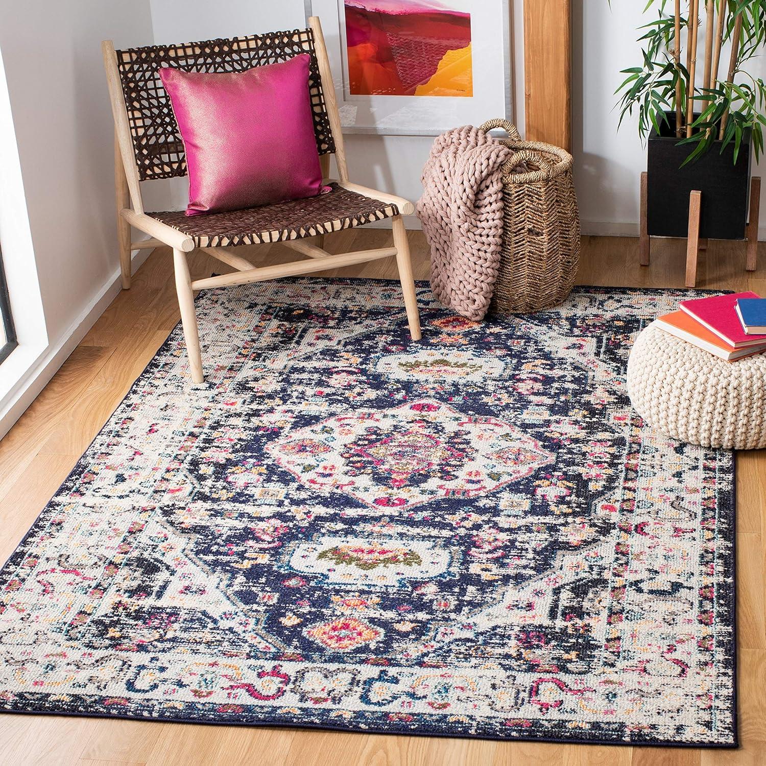 image:imageSAFAVIEH Madison Collection Area Rug 53 x 76 Orange amp Ivory Boho Chic Medallion Distressed Design NonShedding amp Easy Care Ideal for High Traffic Areas in Living Room Bedroom MAD468PNavyIvory