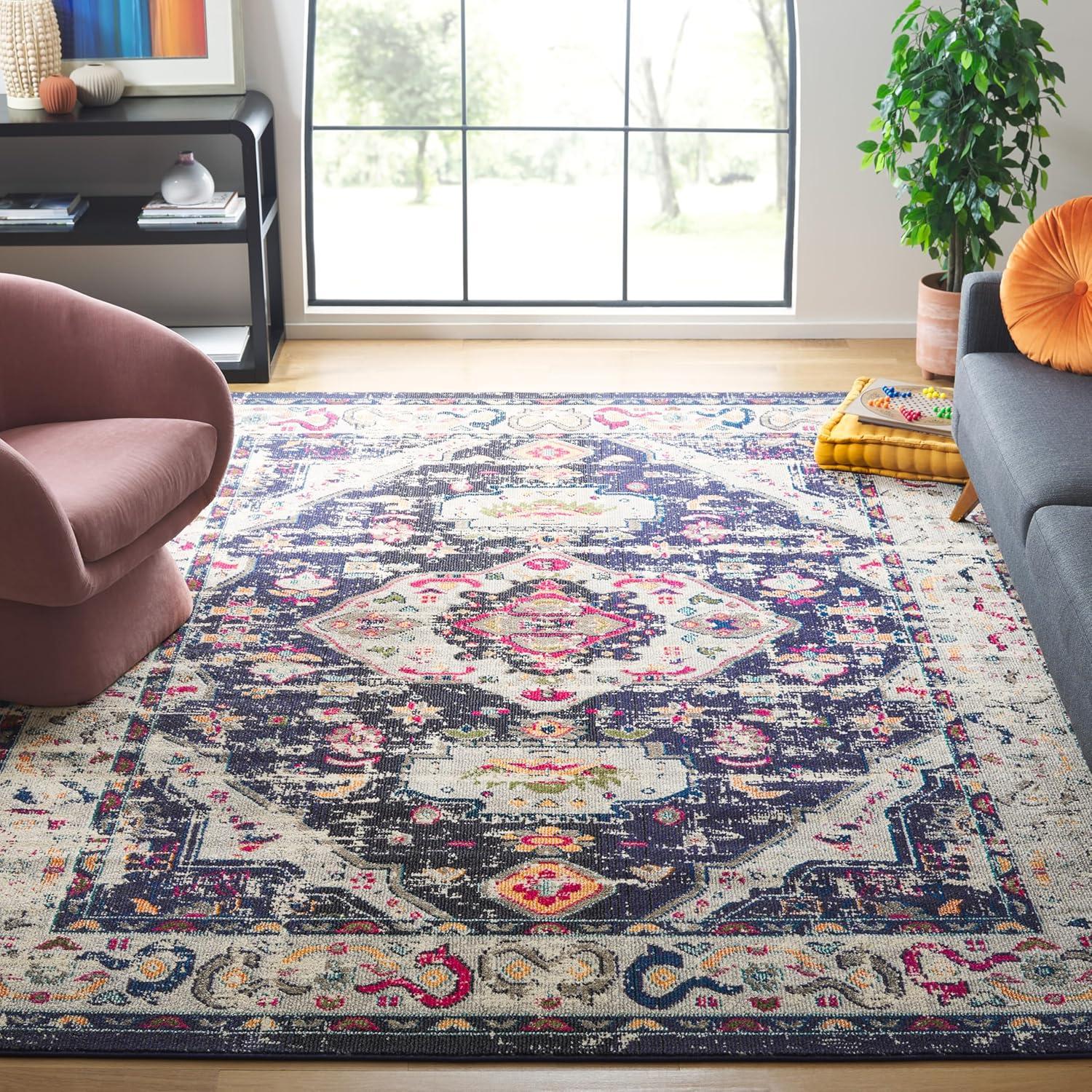image:imageSAFAVIEH Madison Collection Area Rug 53 x 76 Orange amp Ivory Boho Chic Medallion Distressed Design NonShedding amp Easy Care Ideal for High Traffic Areas in Living Room Bedroom MAD468PNavyIvory