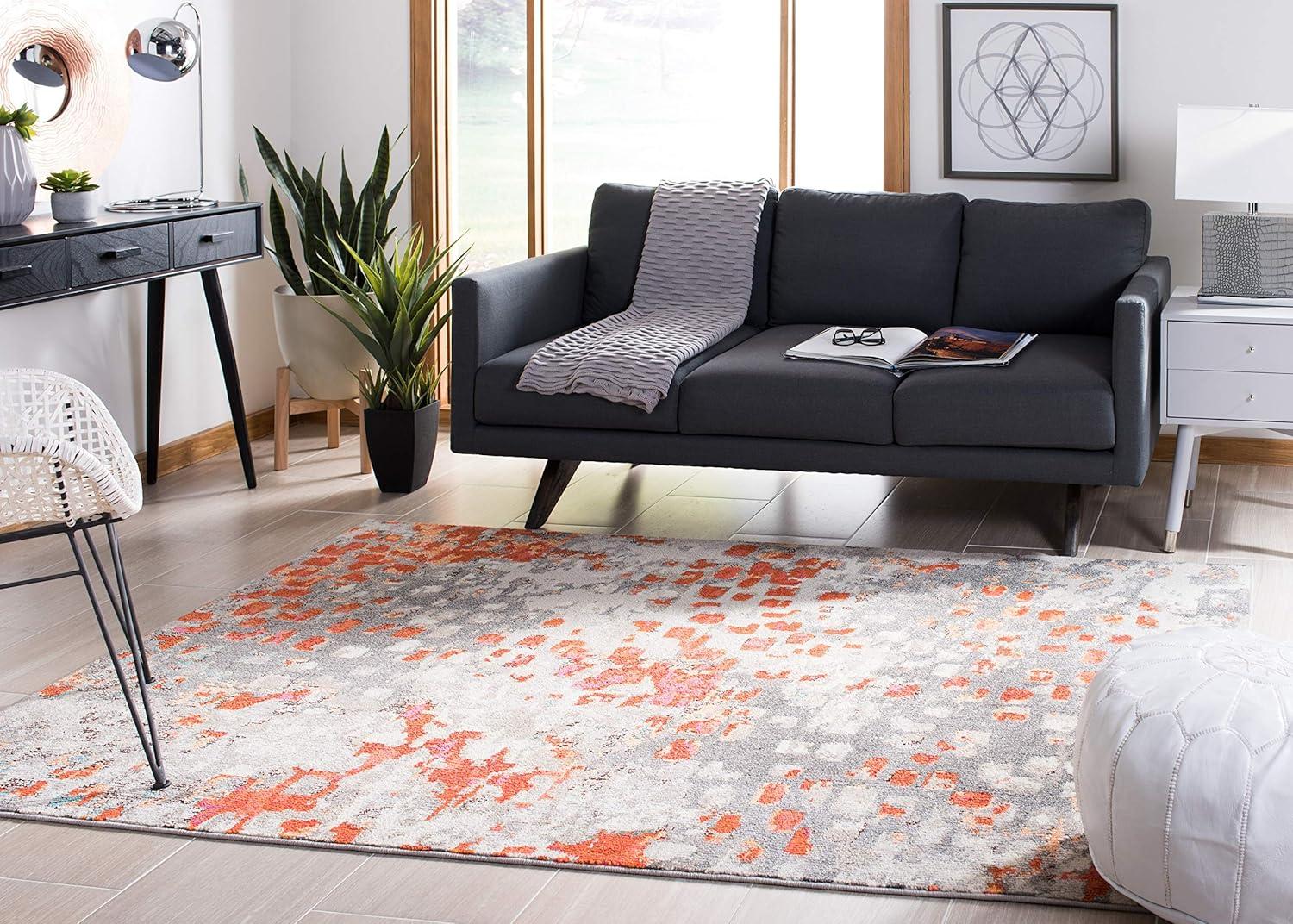 image:imageSAFAVIEH Madison Collection Area Rug 6 x 9 Grey amp Red Boho Abstract Distressed Design NonShedding amp Easy Care Ideal for High Traffic Areas in Living Room Bedroom MAD425RGreyOrange