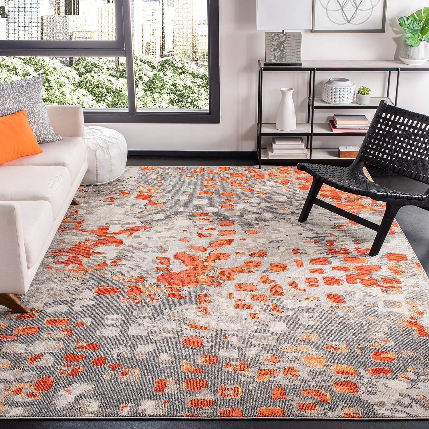 image:imageSAFAVIEH Madison Collection Area Rug 6 x 9 Grey amp Red Boho Abstract Distressed Design NonShedding amp Easy Care Ideal for High Traffic Areas in Living Room Bedroom MAD425RGreyOrange