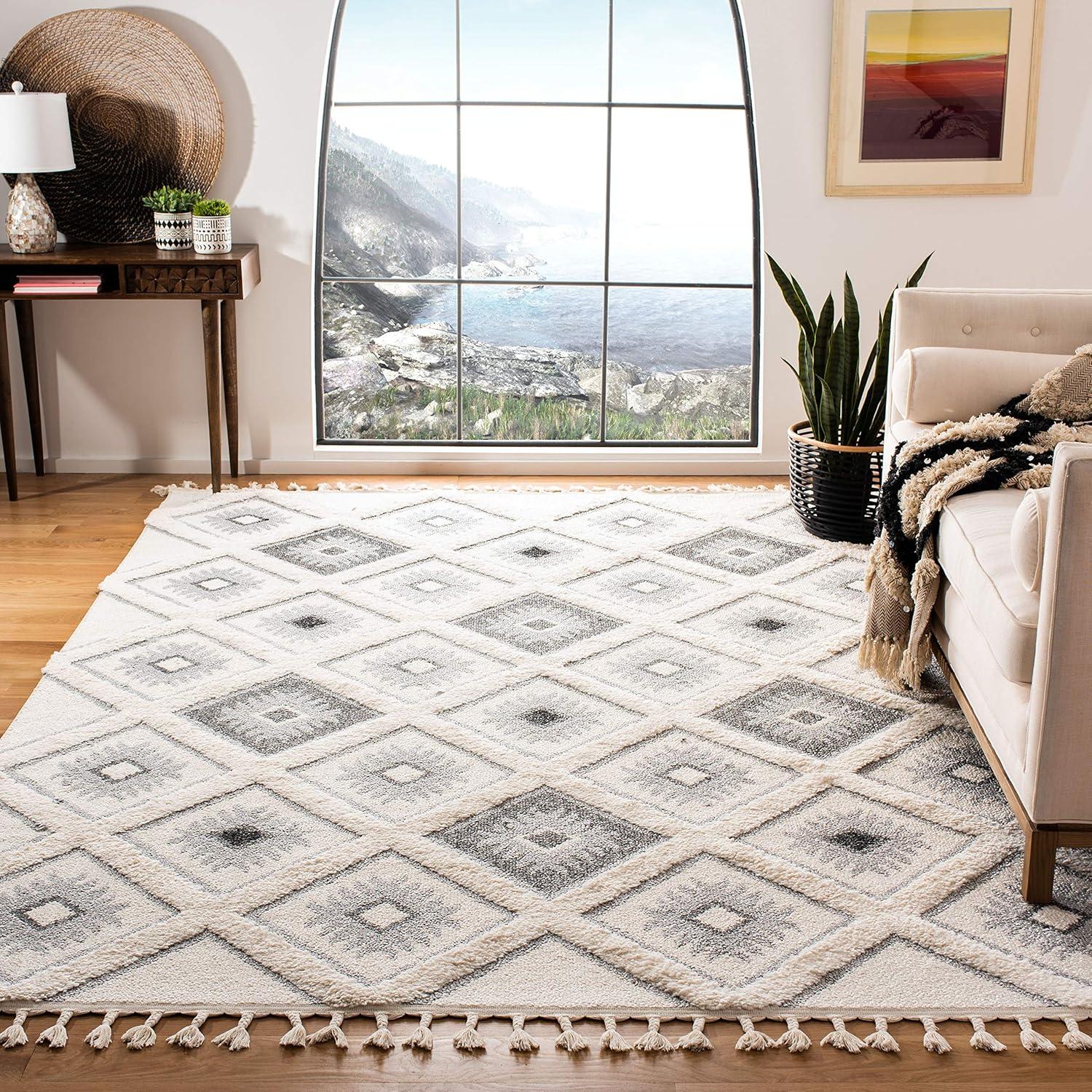 image:imageSAFAVIEH Moroccan Tassel Shag Collection Area Rug 53 x 76 Ivory amp Grey Boho Design NonShedding amp Easy Care 2inch Thick Ideal for High Traffic Areas in Living Room Bedroom MTS601FIvoryGrey