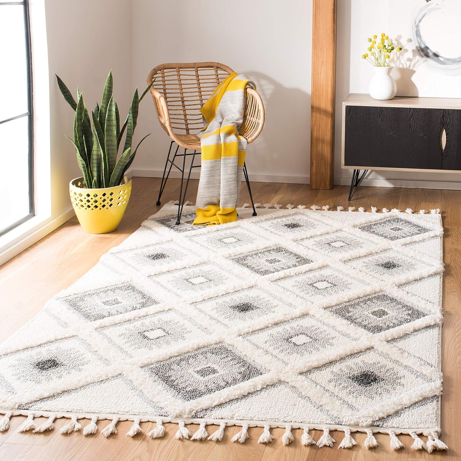 image:imageSAFAVIEH Moroccan Tassel Shag Collection Area Rug 53 x 76 Ivory amp Grey Boho Design NonShedding amp Easy Care 2inch Thick Ideal for High Traffic Areas in Living Room Bedroom MTS601FIvoryGrey