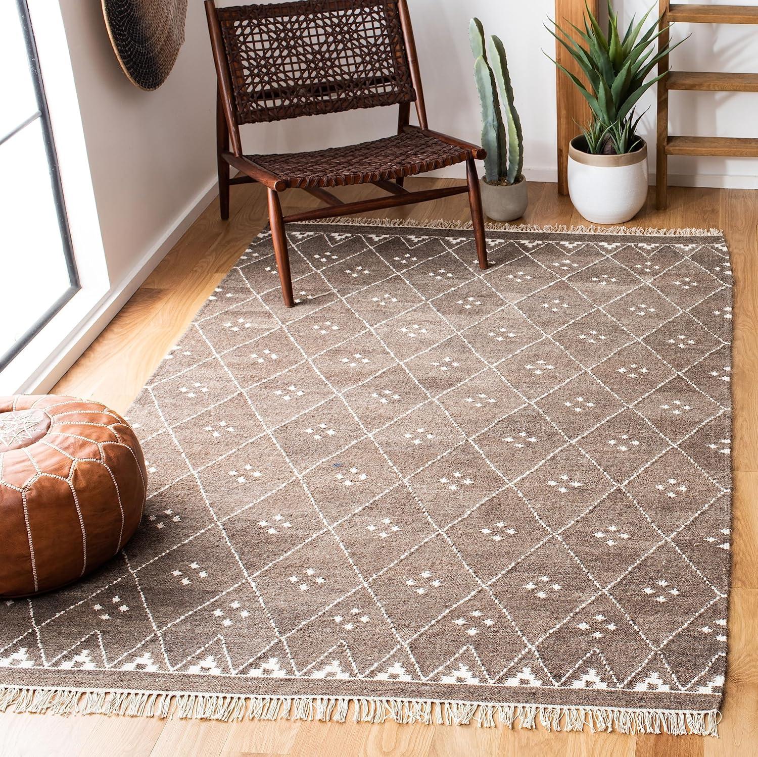 image:imageSAFAVIEH Natural Kilim Collection Area Rug 5 x 8 Natural amp Ivory Handmade Moroccan Boho Tribal Wool amp Viscose Ideal for High Traffic Areas in Living Room Bedroom NKM316BBrownIvory
