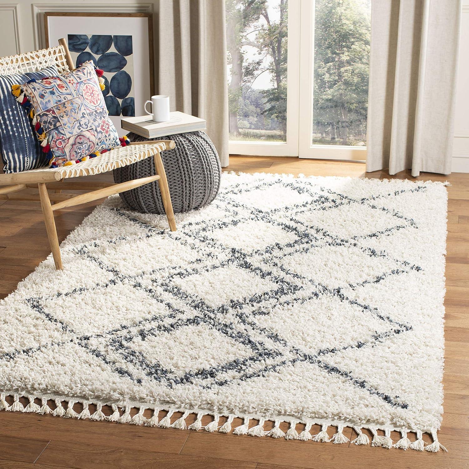 image:imageSAFAVIEH Pro Luxe Shag Collection Area Rug 5 x 8 Blue amp Creme Moroccan Boho Tassel Design NonShedding amp Easy Care 24inch Thick Ideal for High Traffic Areas in Living Room Bedroom PLX432LCreamBlue
