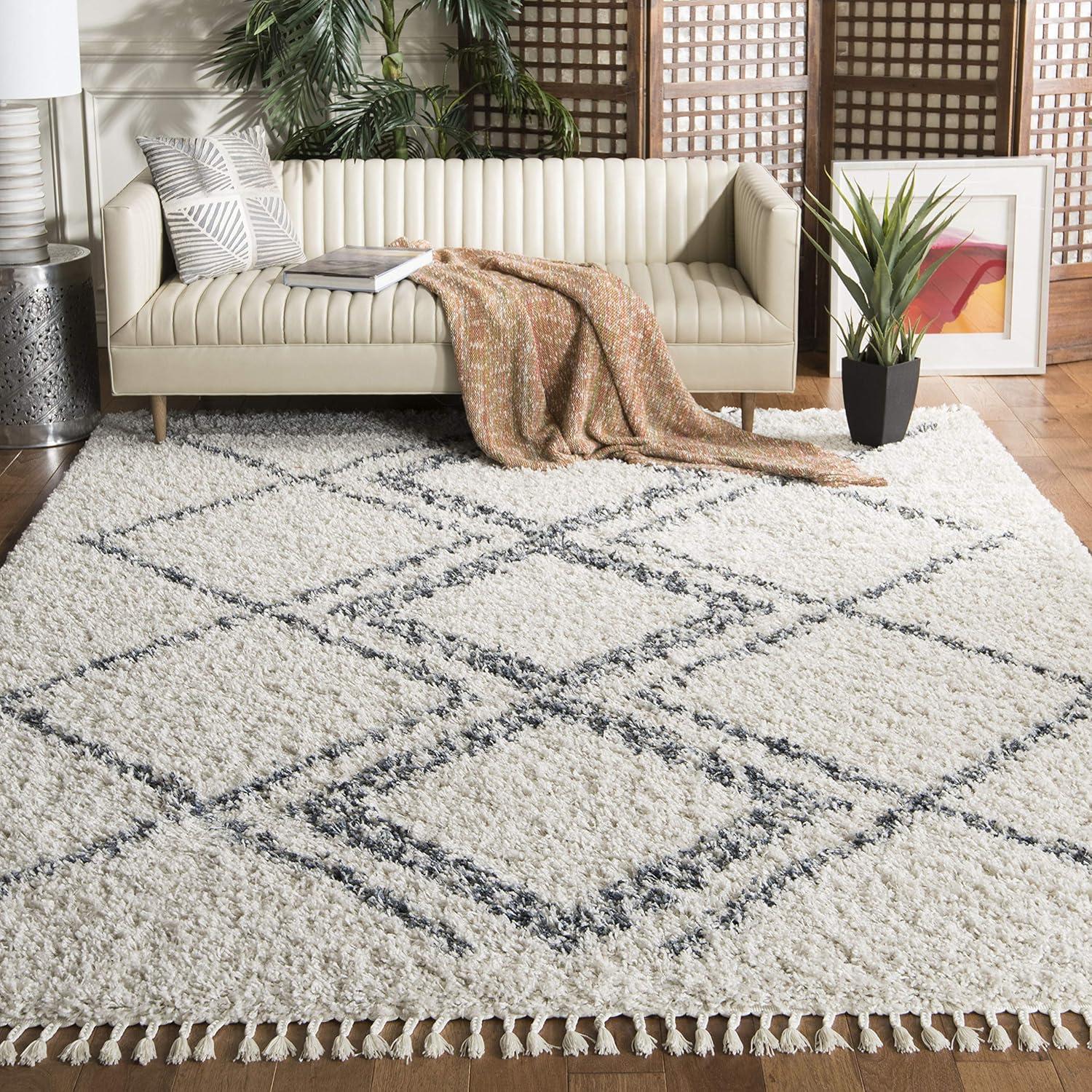 image:imageSAFAVIEH Pro Luxe Shag Collection Area Rug 5 x 8 Blue amp Creme Moroccan Boho Tassel Design NonShedding amp Easy Care 24inch Thick Ideal for High Traffic Areas in Living Room Bedroom PLX432LCreamBlue