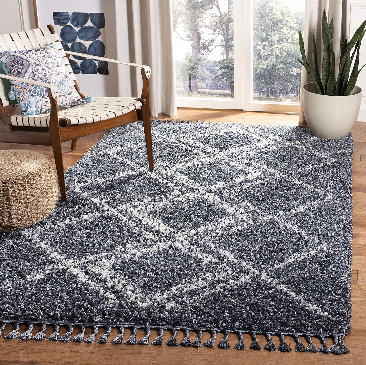 image:imageSAFAVIEH Pro Luxe Shag Collection Area Rug 5 x 8 Blue amp Creme Moroccan Boho Tassel Design NonShedding amp Easy Care 24inch Thick Ideal for High Traffic Areas in Living Room Bedroom PLX432LBlueCreme