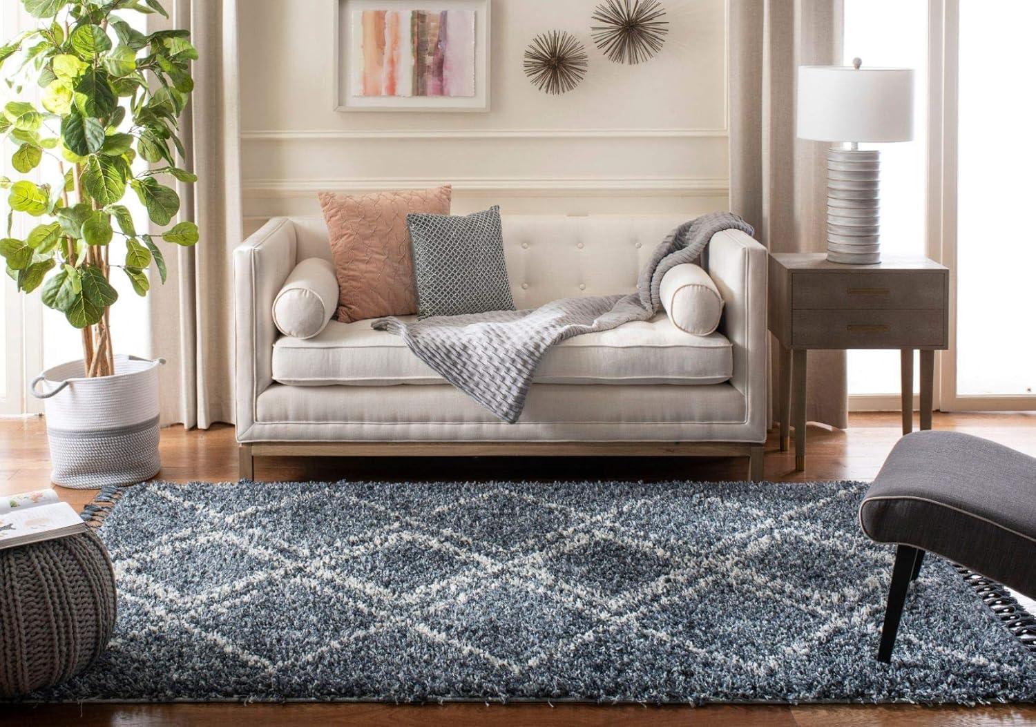 image:imageSAFAVIEH Pro Luxe Shag Collection Area Rug 5 x 8 Blue amp Creme Moroccan Boho Tassel Design NonShedding amp Easy Care 24inch Thick Ideal for High Traffic Areas in Living Room Bedroom PLX432LBlueCreme