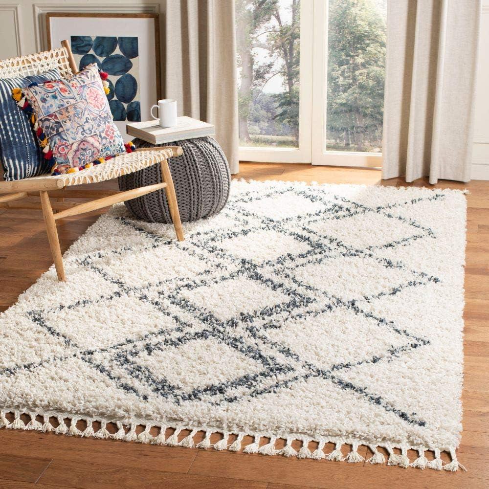 image:imageSAFAVIEH Pro Luxe Shag Collection Area Rug 5 x 8 Blue amp Creme Moroccan Boho Tassel Design NonShedding amp Easy Care 24inch Thick Ideal for High Traffic Areas in Living Room Bedroom PLX432LCreamBlue